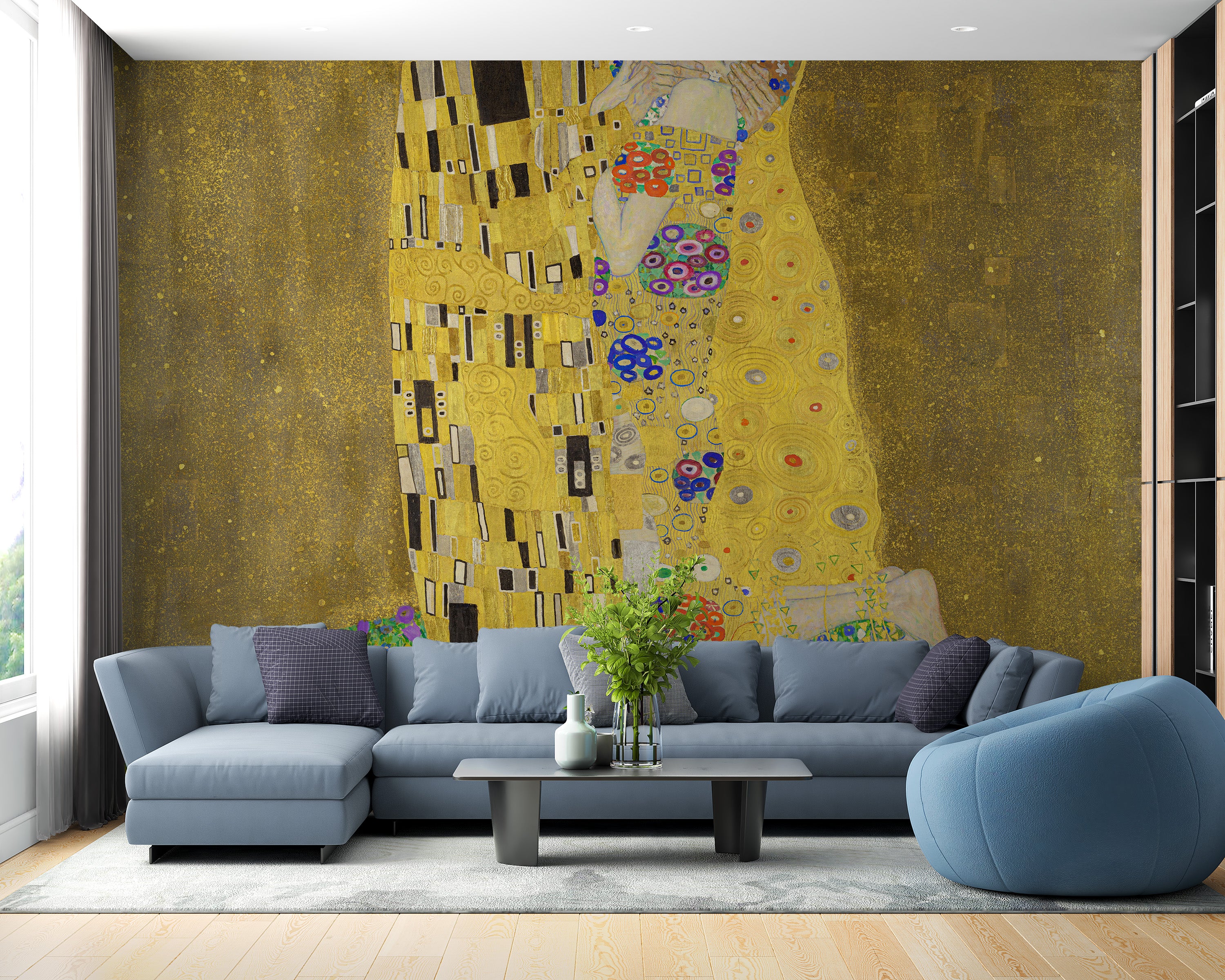 Gold-toned Kiss wall mural design
