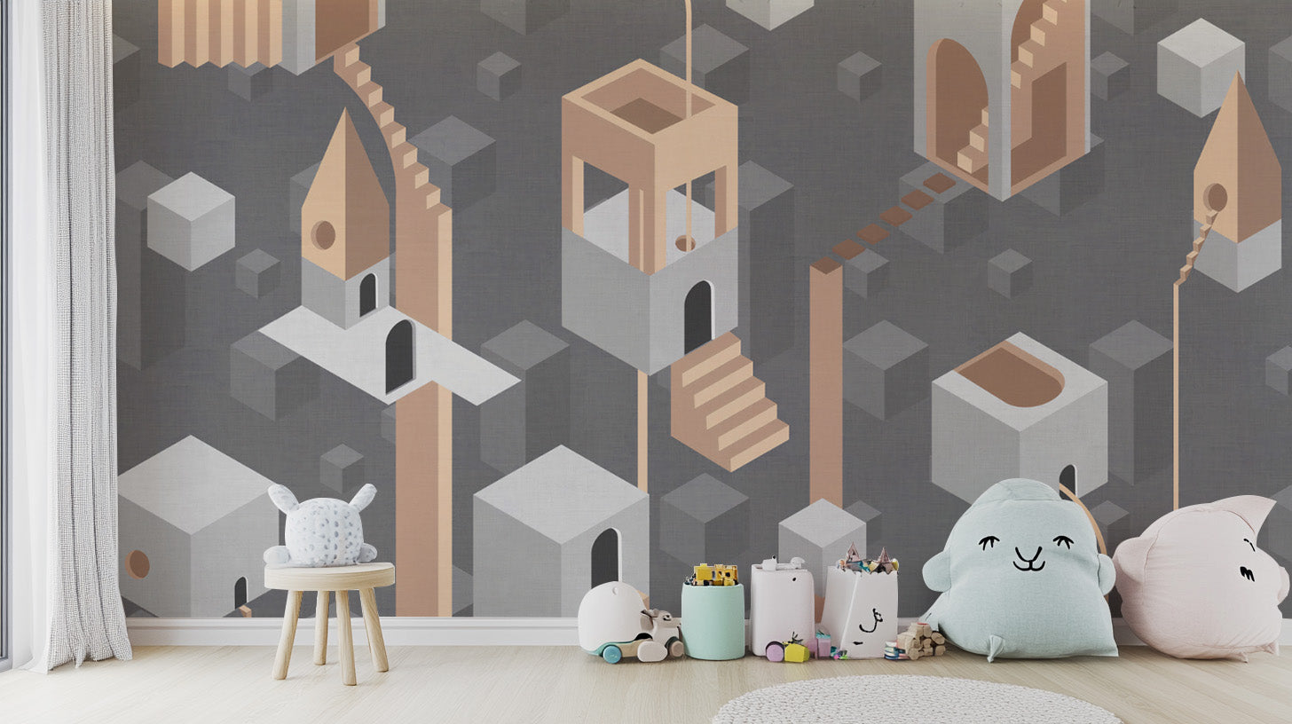 Neutral Gray Surreal Geometric Architecture Wallpaper with Depth
