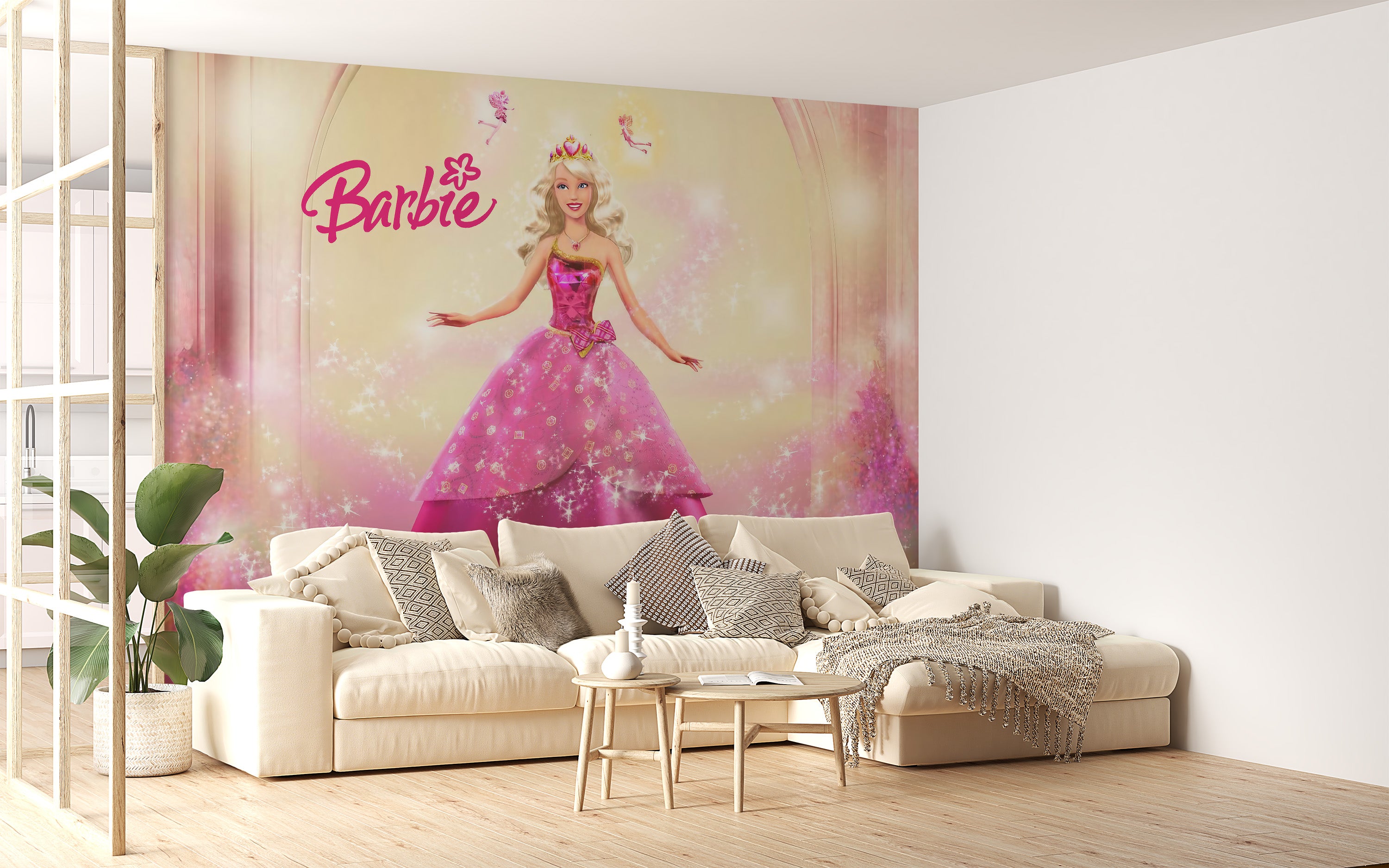 Iconic pink dress Barbie mural for a fashionable wall design
