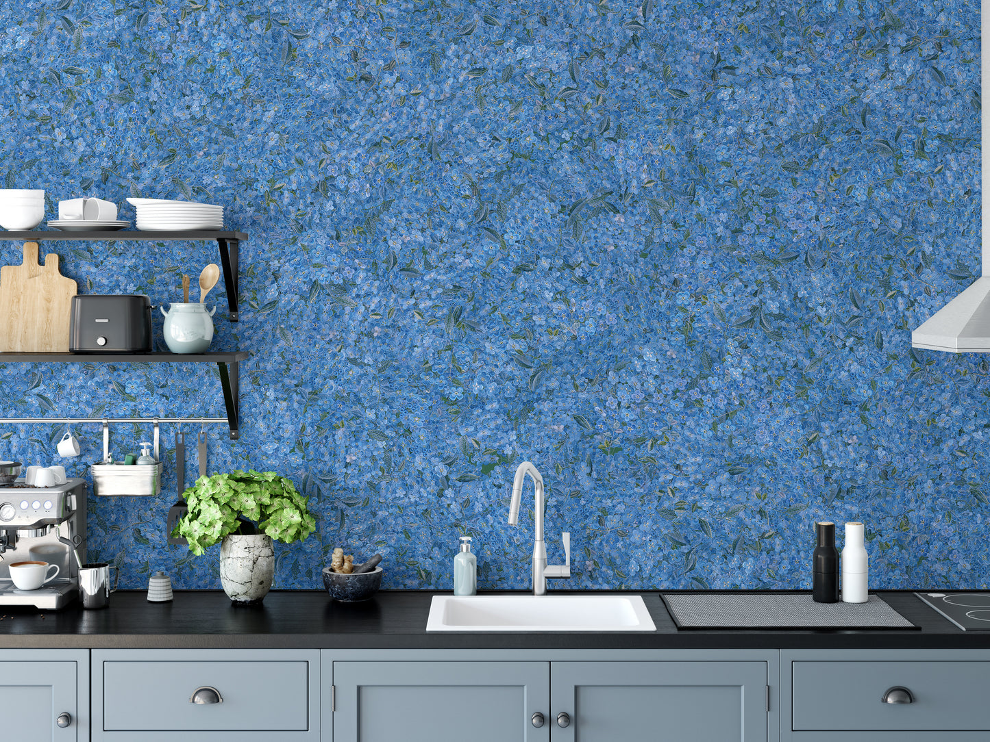 Flower Pattern Embroidery Blue Wallpaper Murals