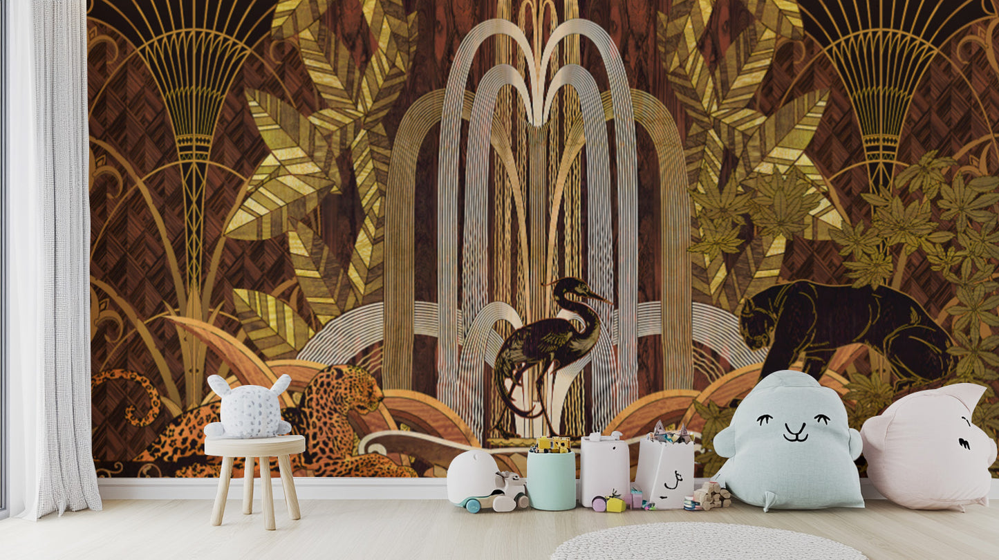 Art Deco style wall mural with exotic animals and gold leaves
