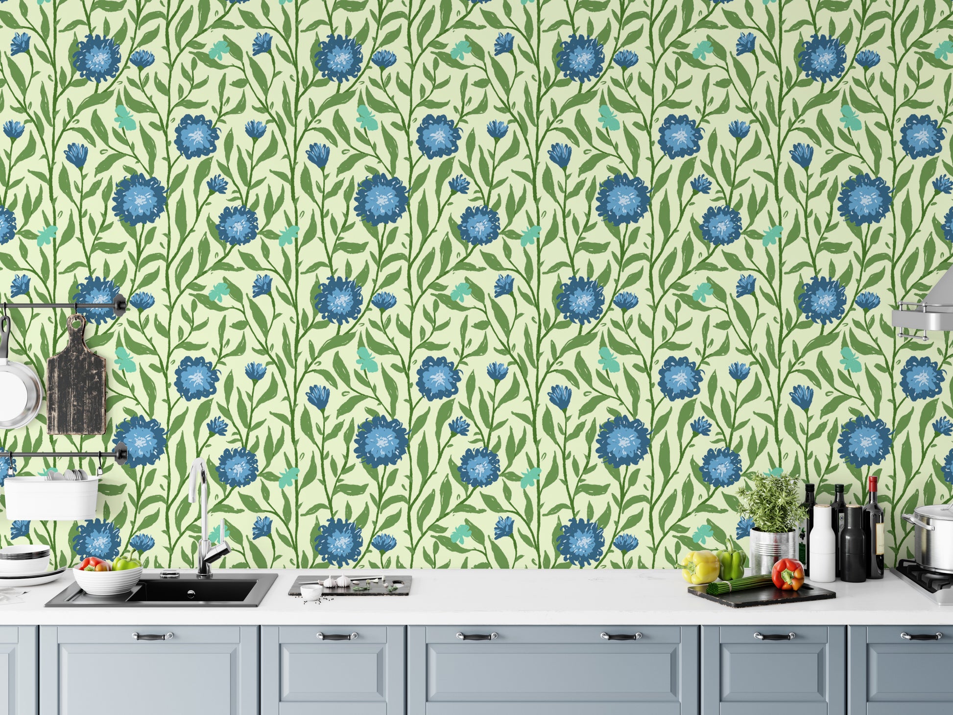 Whimsical spring trellis wallpaper in light blue for playful charm.
