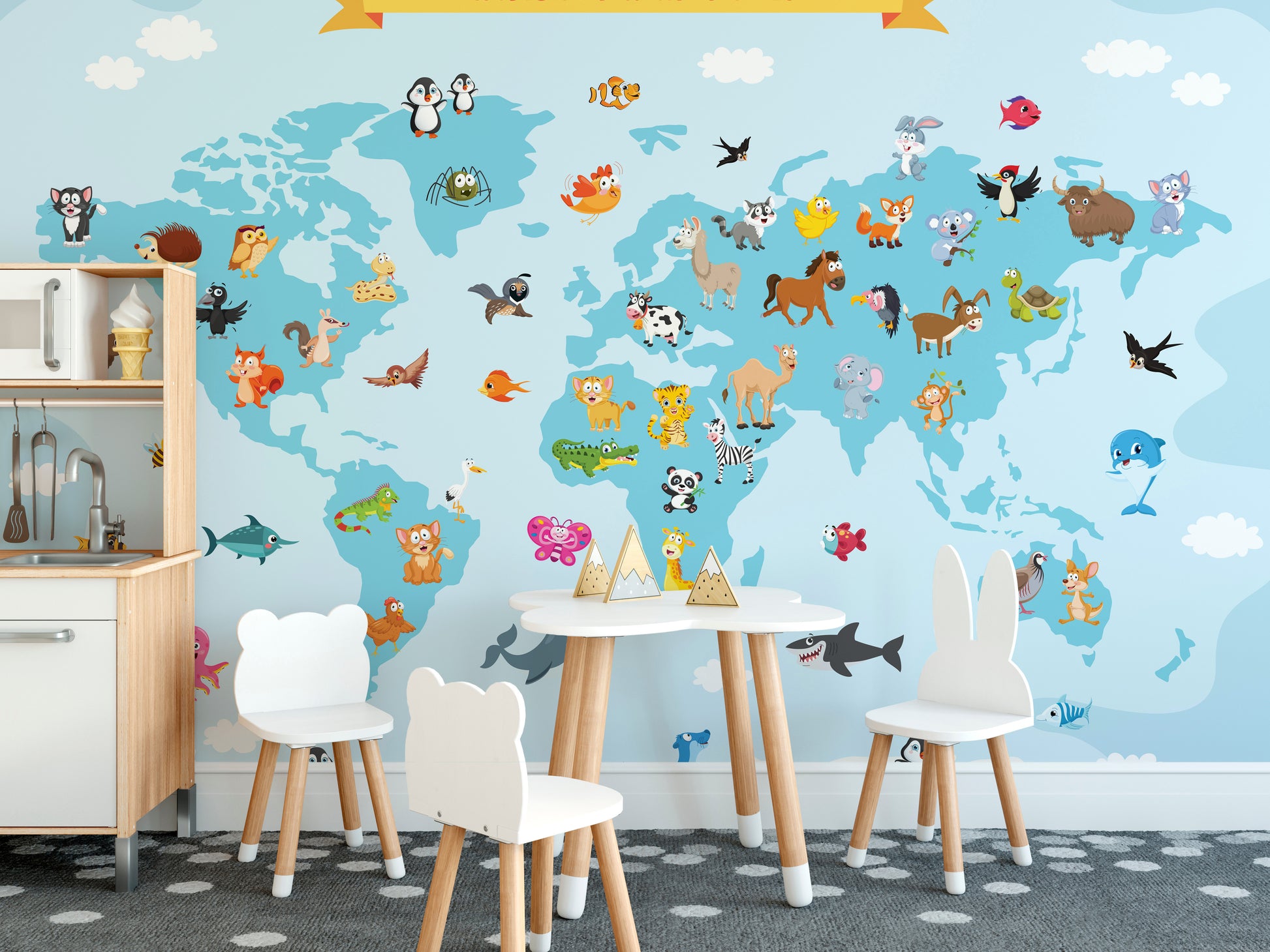 Whimsical animal world map wallpaper for children's walls.
