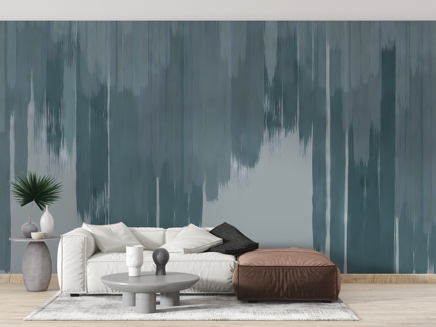 Blue Enigma mural creates a striking focal point in the living room.