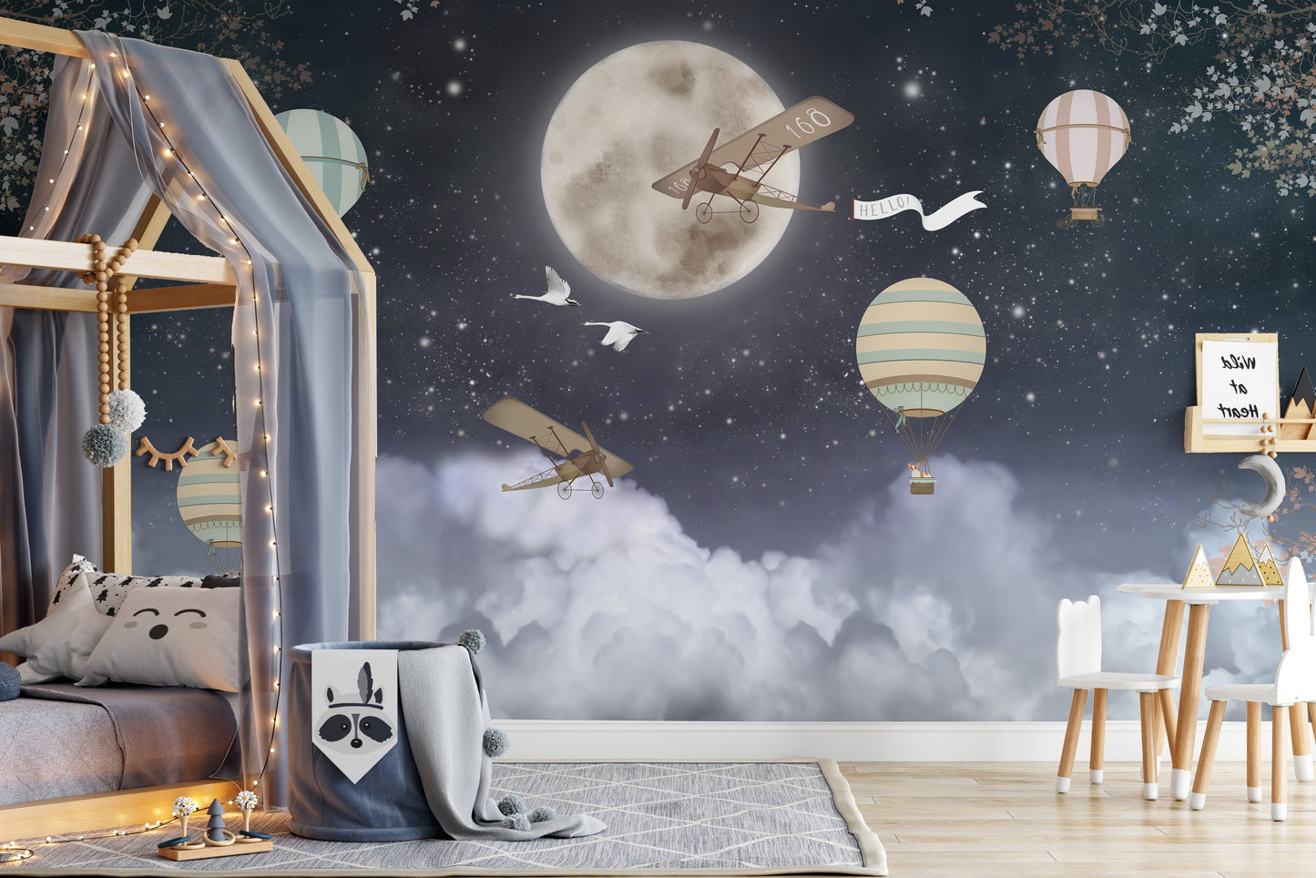 Playful hot air balloons and stars wall mural
