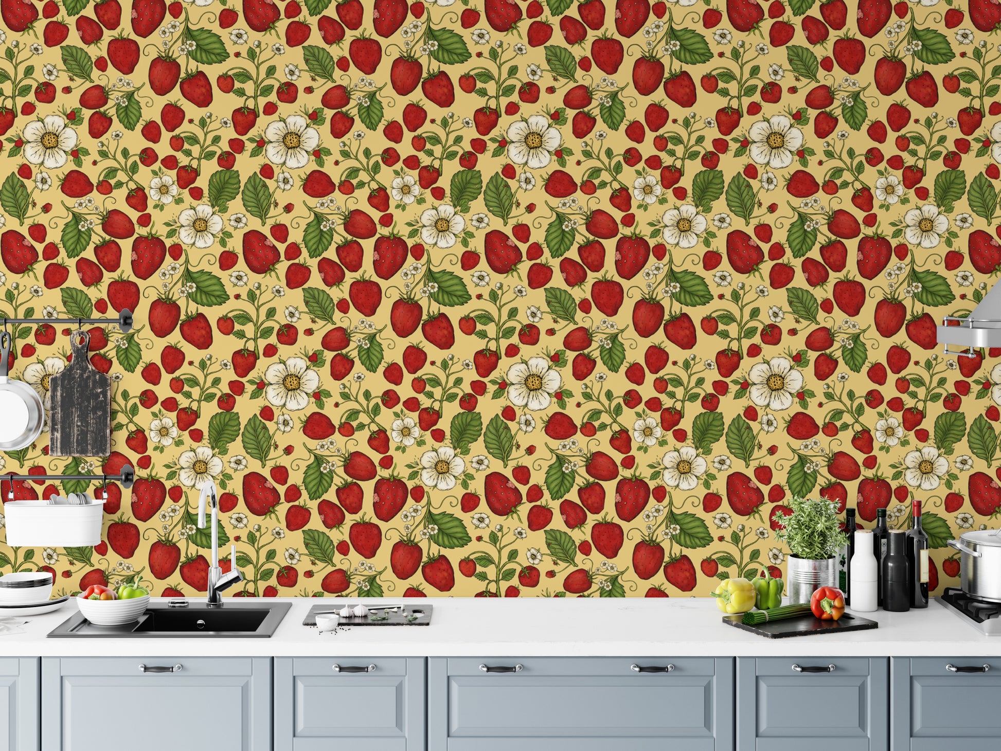 Red strawberries on sunny yellow wallpaper for cozy spaces.
