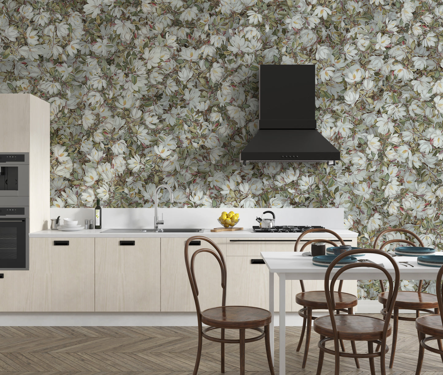 Timeless magnolia floral mural with white petals
