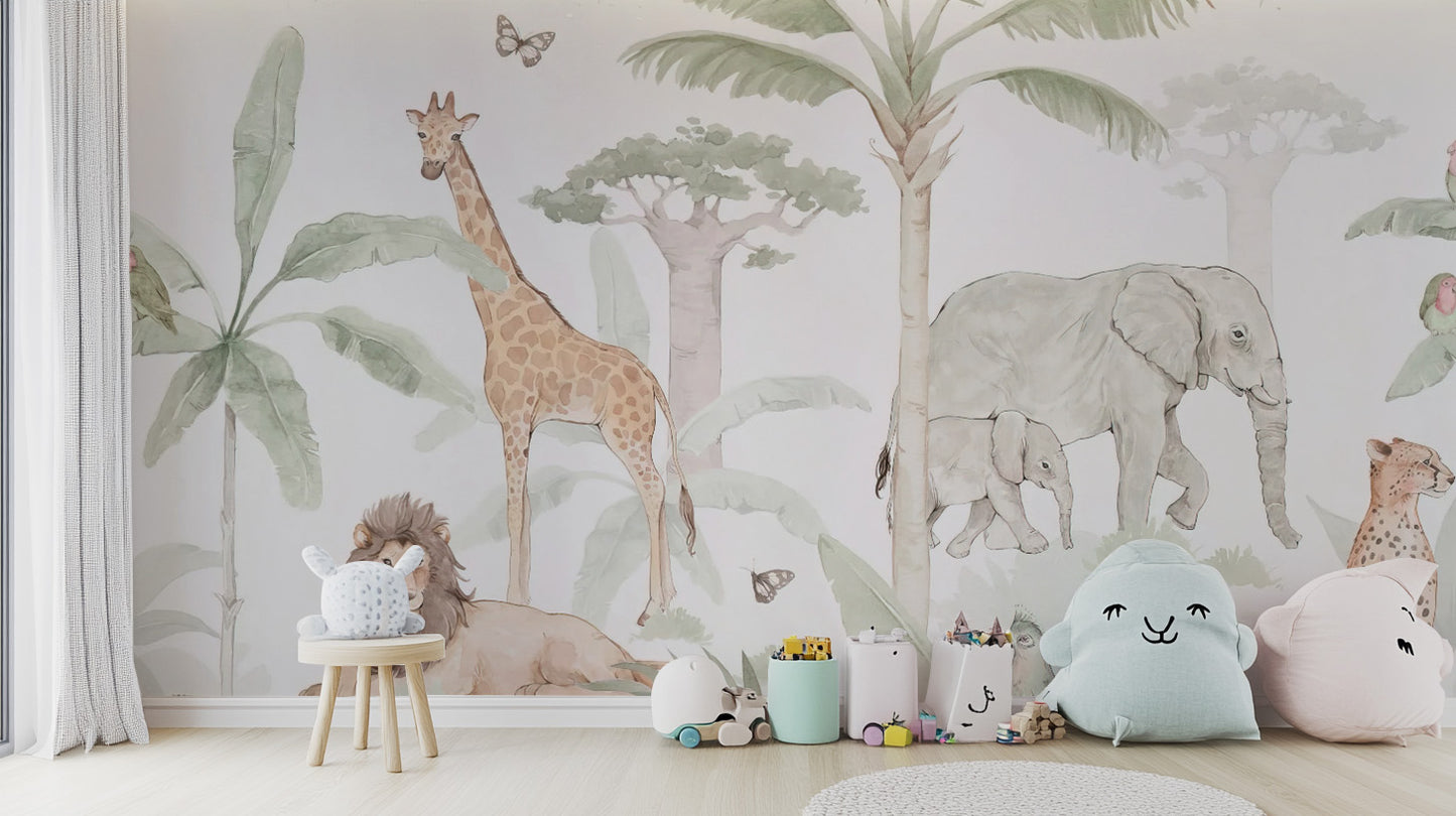 Tropical animal wall mural with lush green jungle scenery
