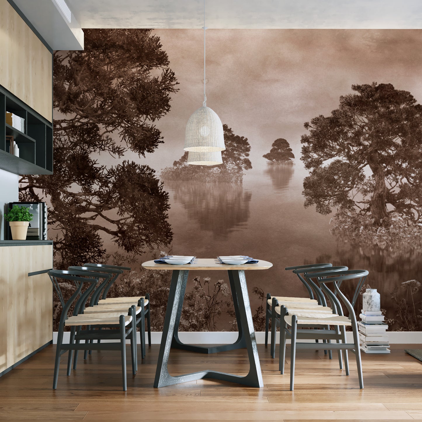 Transform your space with watercolor lake sepia ink monochrome mural.