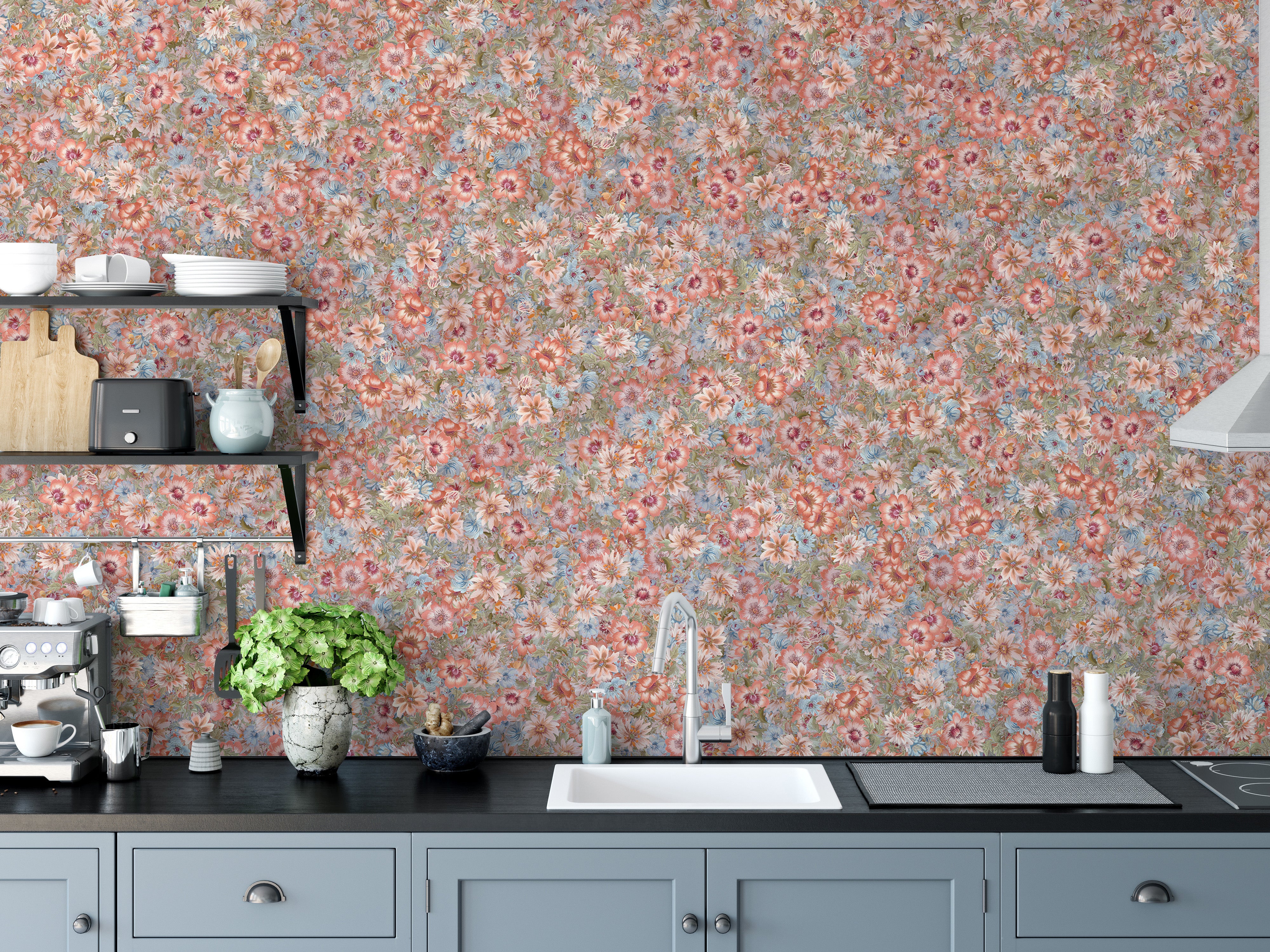 Orange and blue floral wallpaper mural
