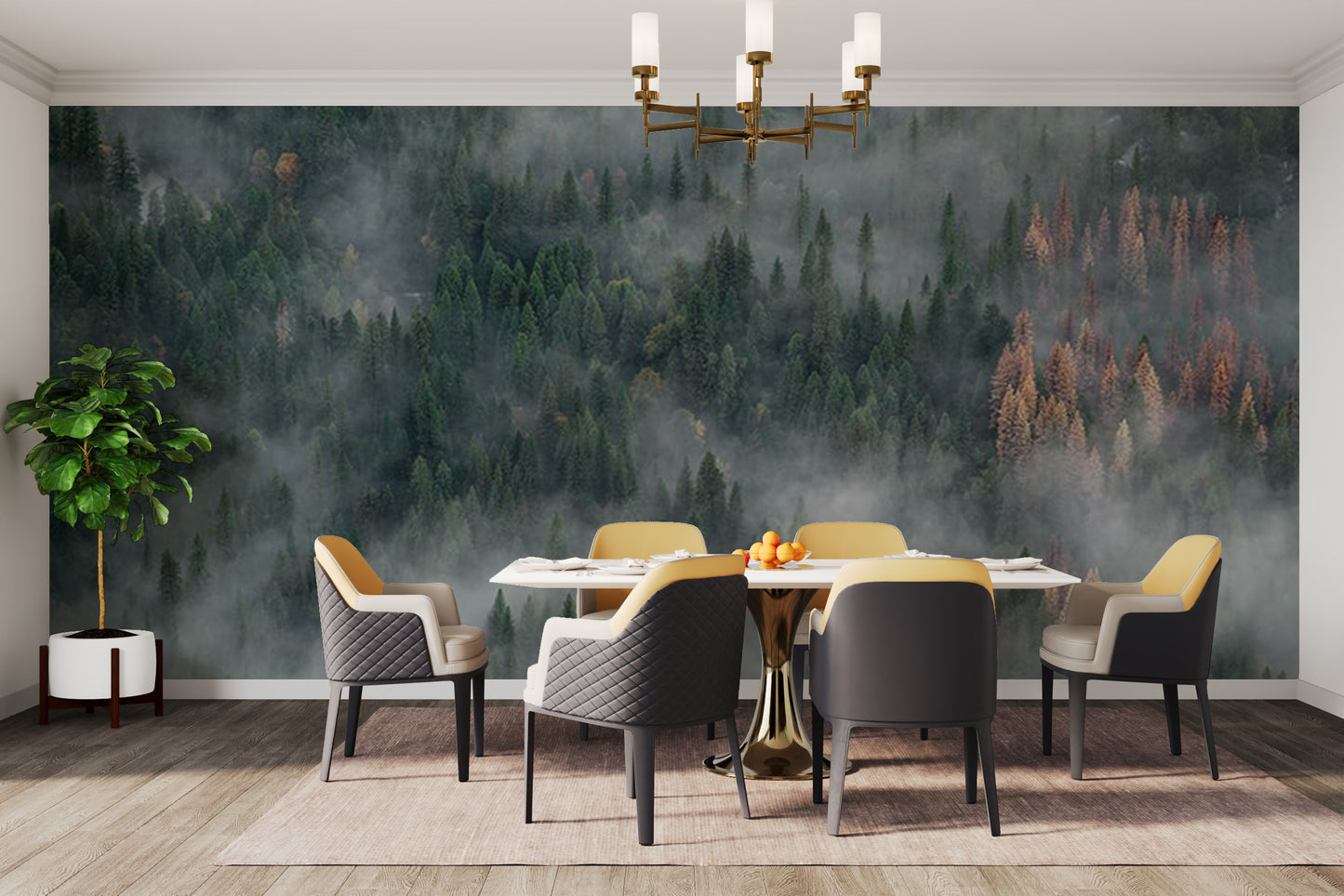 Foggy pine forest wallpaper mural for a peaceful look
