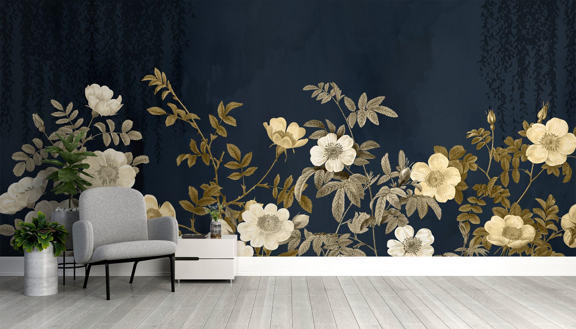 Midnight backdrop with shimmering gold flora wallpaper mural.
