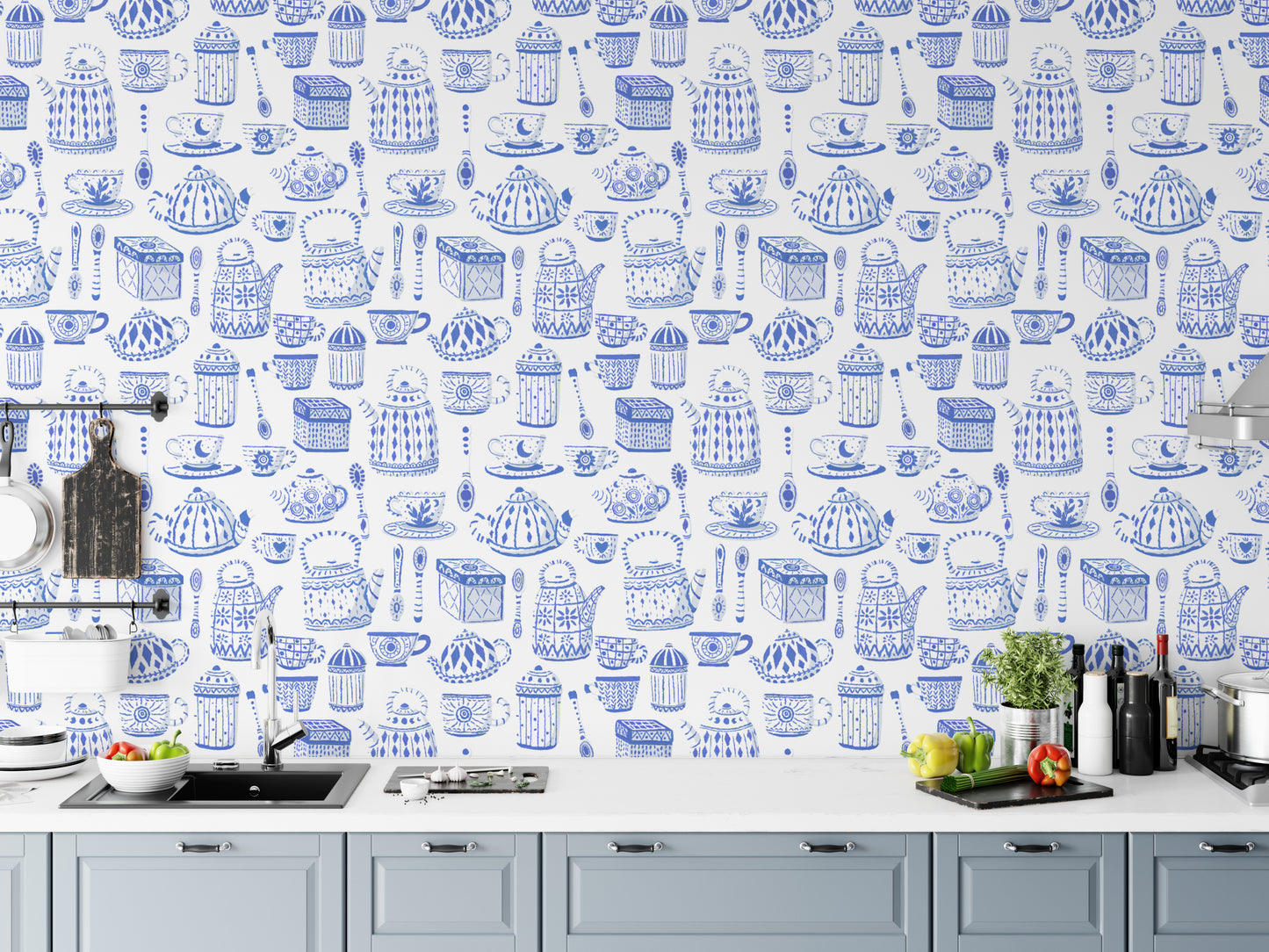 Stylish tea set design in blue wallpaper for timeless charm.
