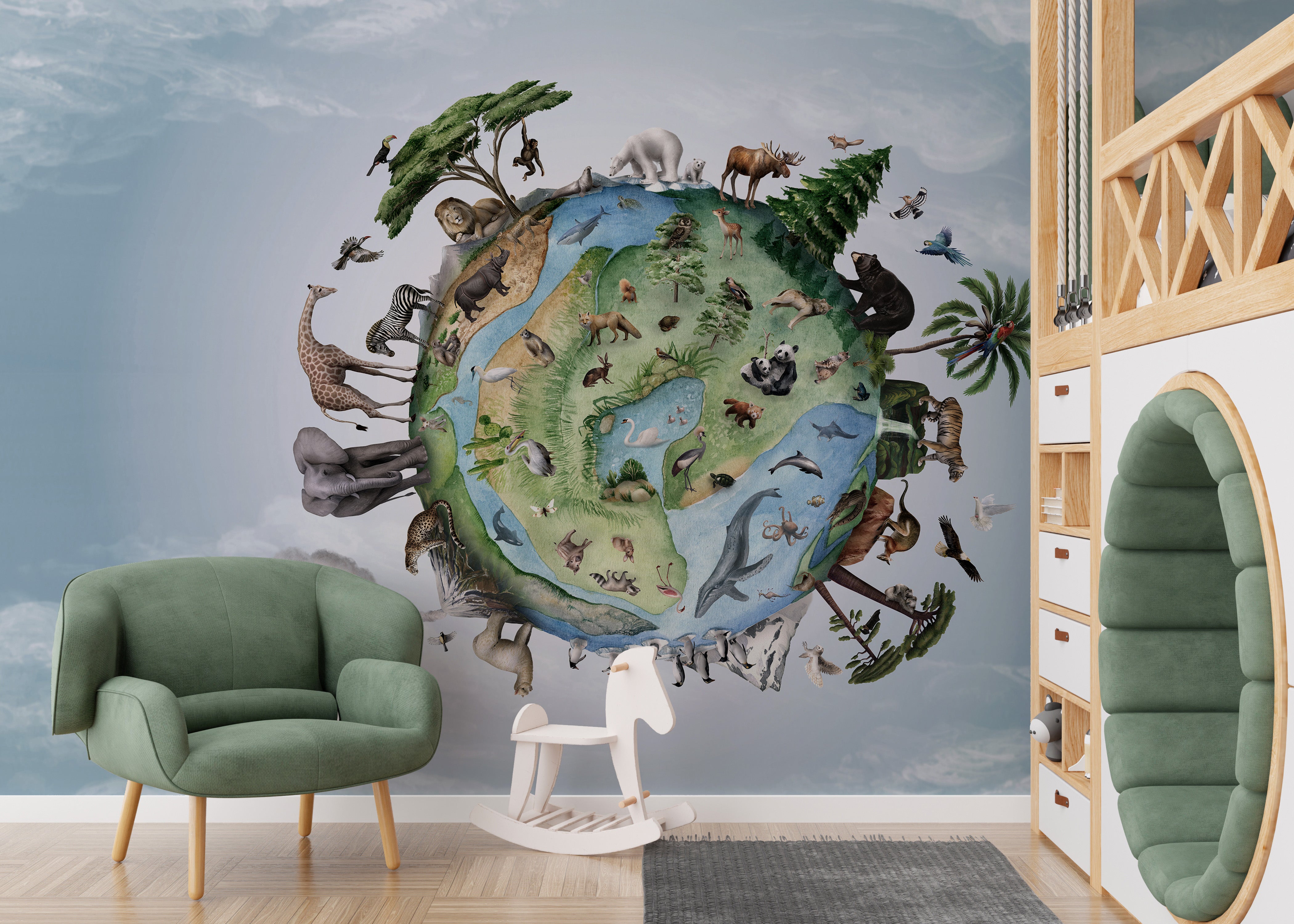 Animal kingdom globe wallpaper with nature-themed details