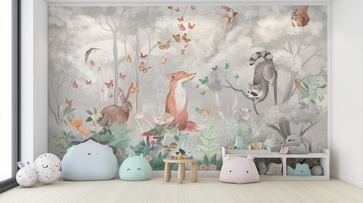 Adorable Woodland Animal Forest Scene Wallpaper in Pastel Tones




