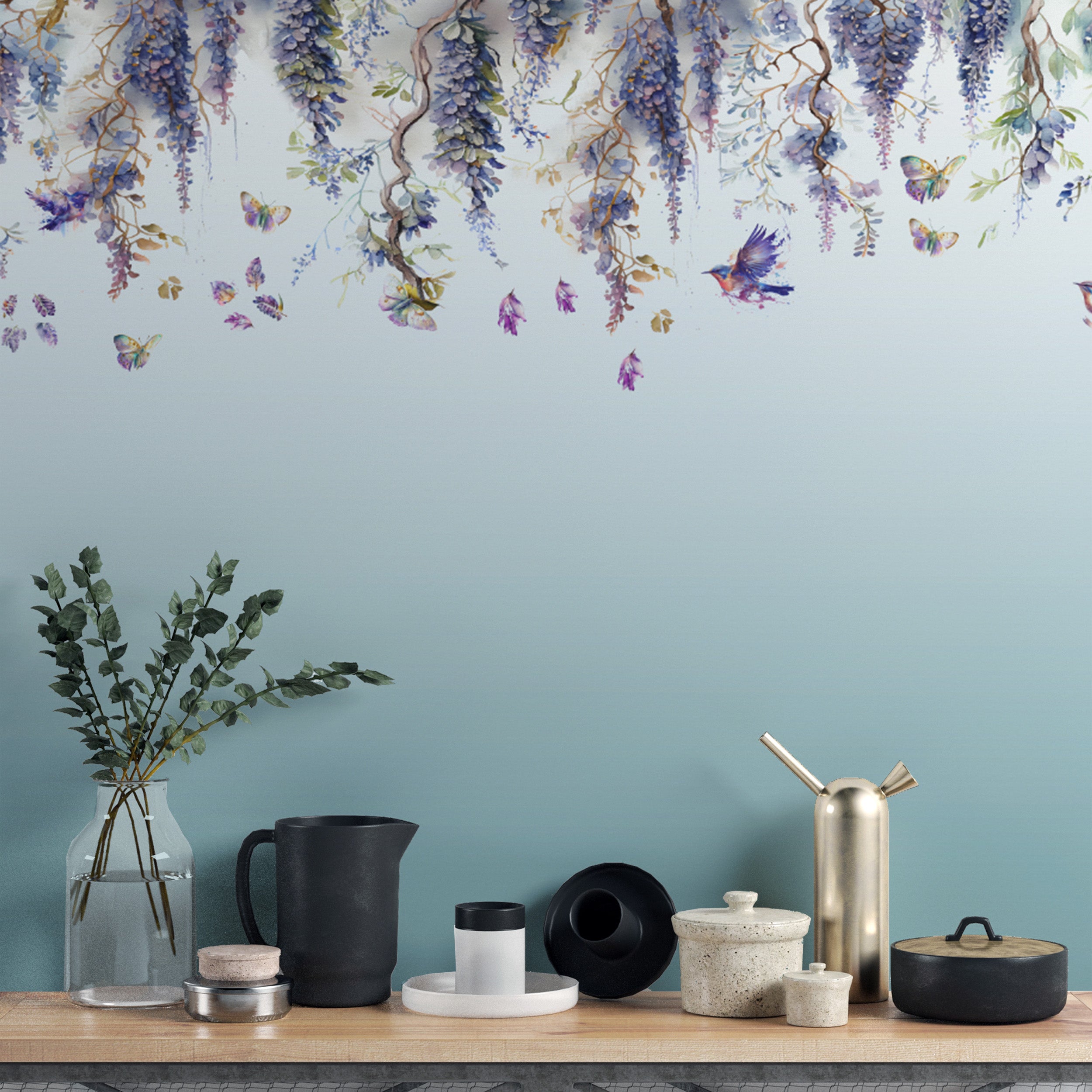 Transform your space with stunning wisteria romance blue wallpaper.