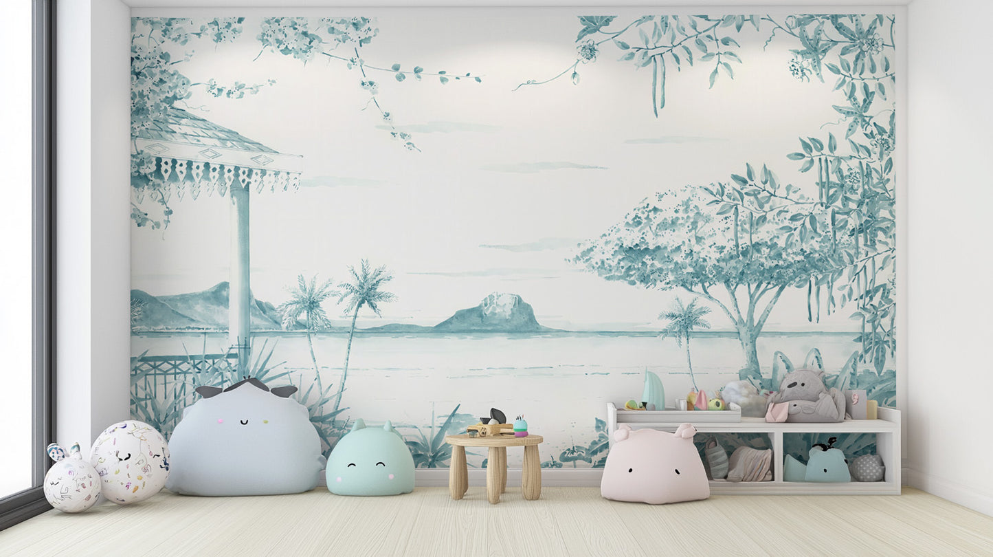 Hand-painted tropical beach view mural for walls
