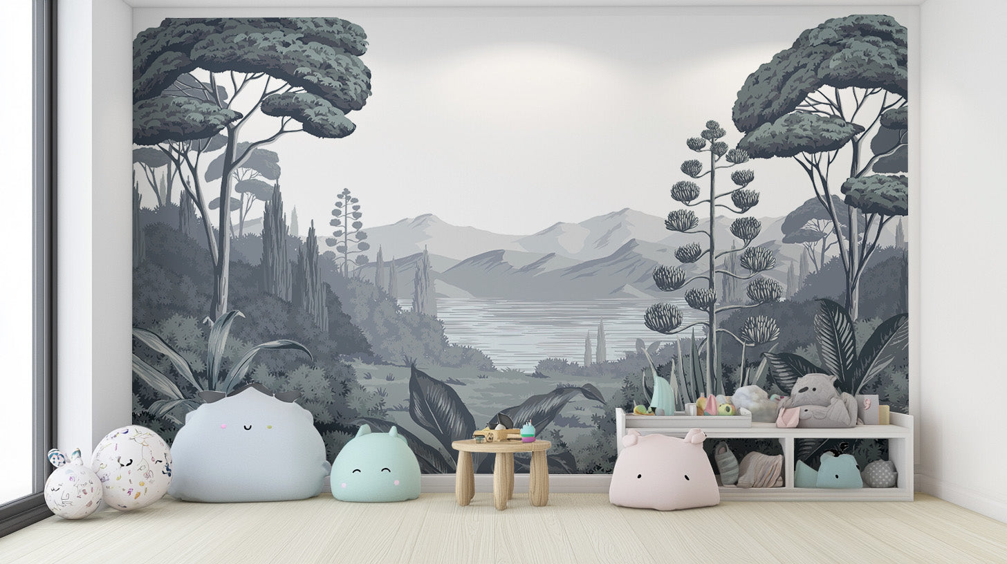 Monochrome nature-inspired mural for a peaceful ambiance
