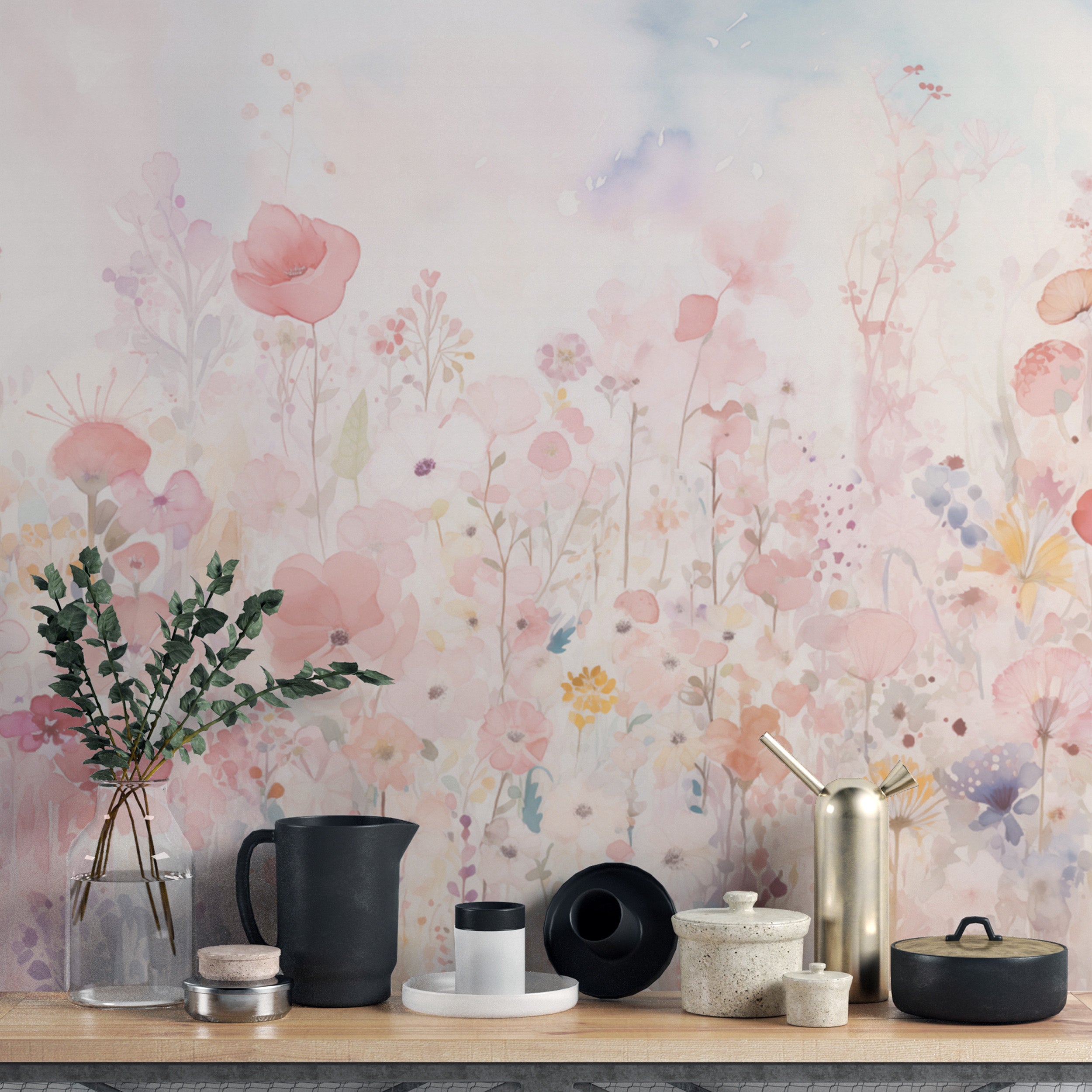 Add a touch of calm with watercolor happy flowers pastel color wallpaper.
