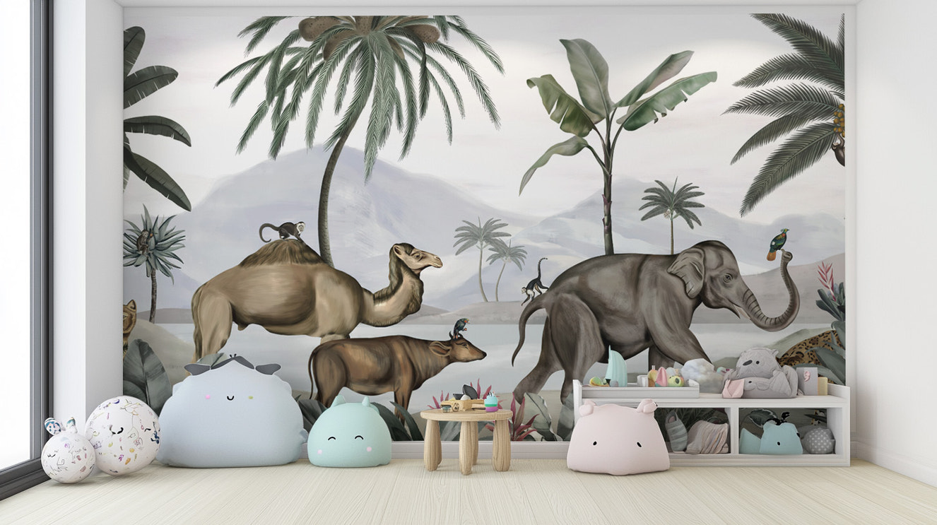 Tropical wildlife wallpaper featuring elephants and camels.
