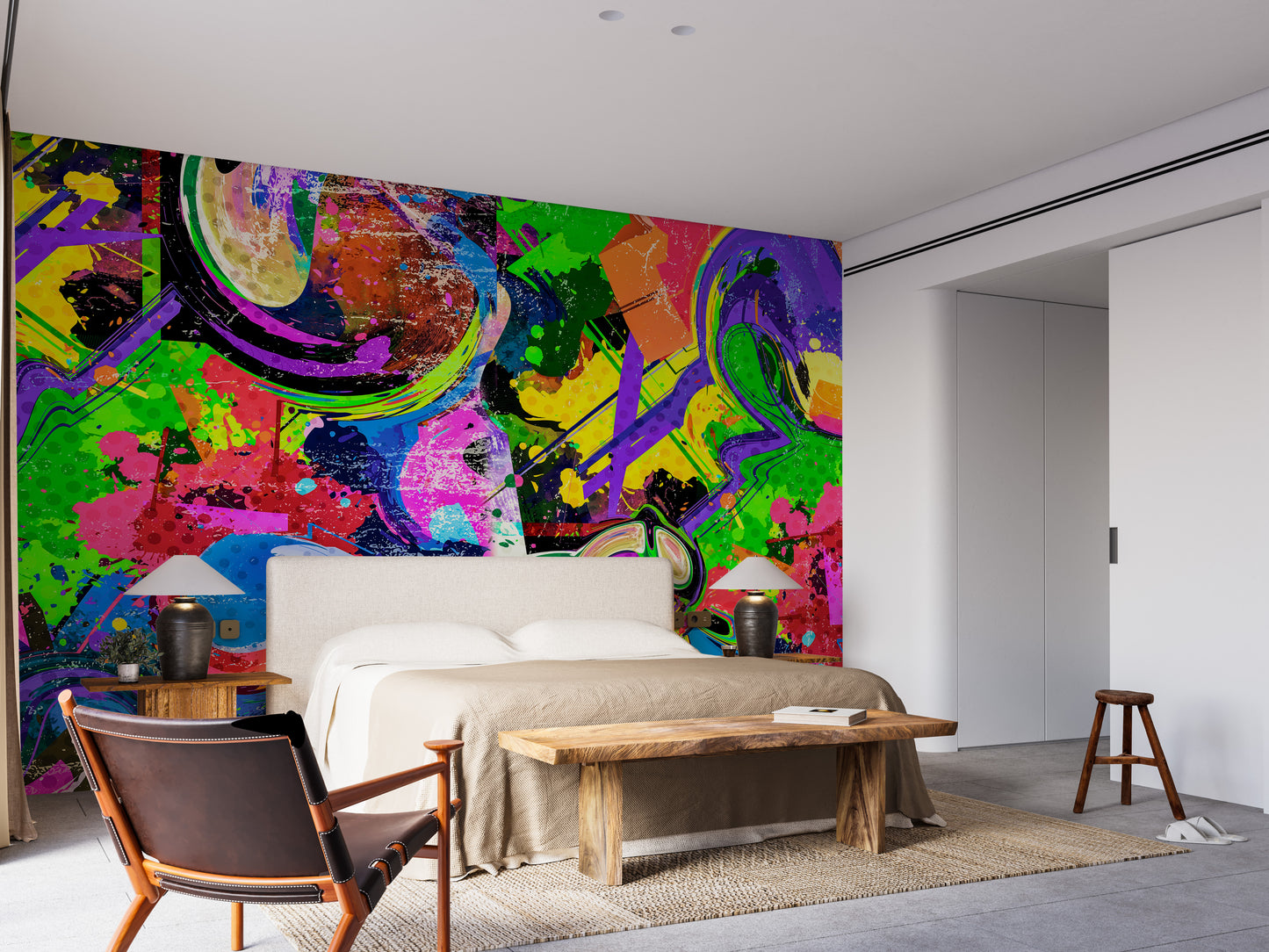 Vibrant graffiti splash wallpaper for unique wall decor.