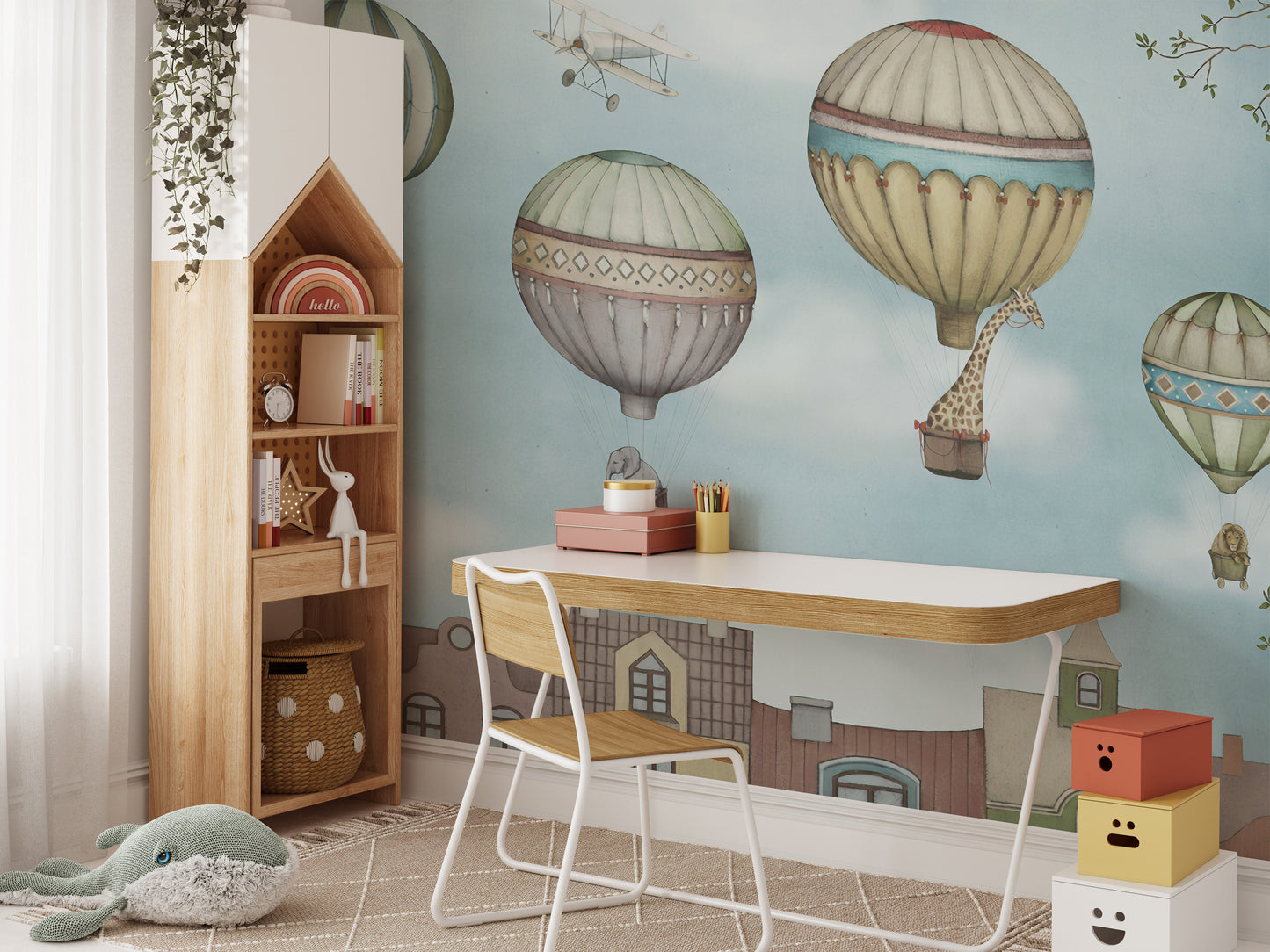 Subtle wonderland balloons mural for kids' spaces
