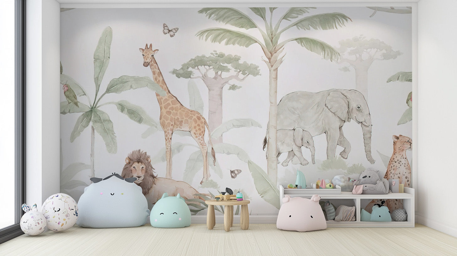 Kids' room jungle wallpaper with soft watercolor safari design
