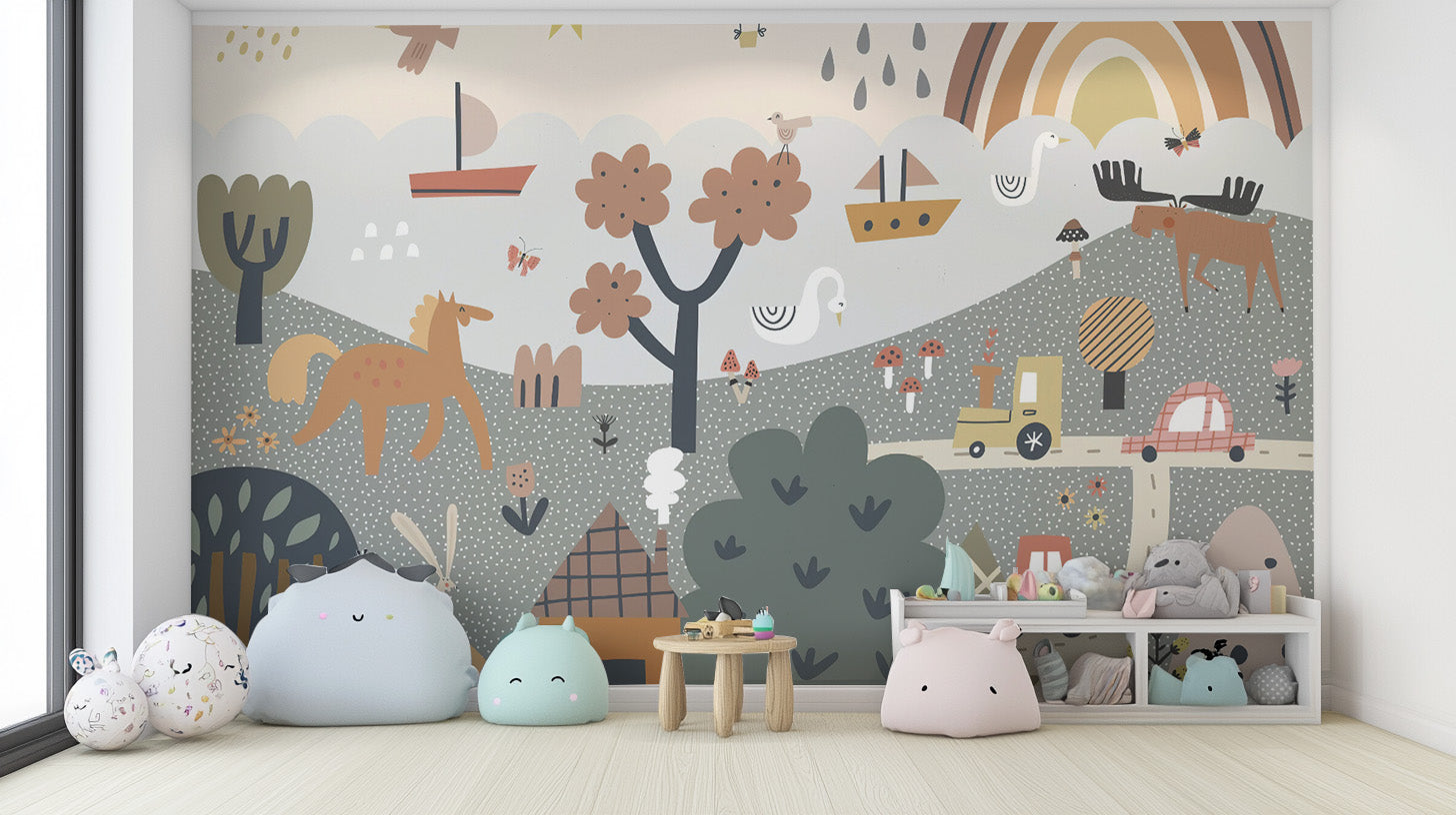 Hand-drawn nature theme wallpaper mural
