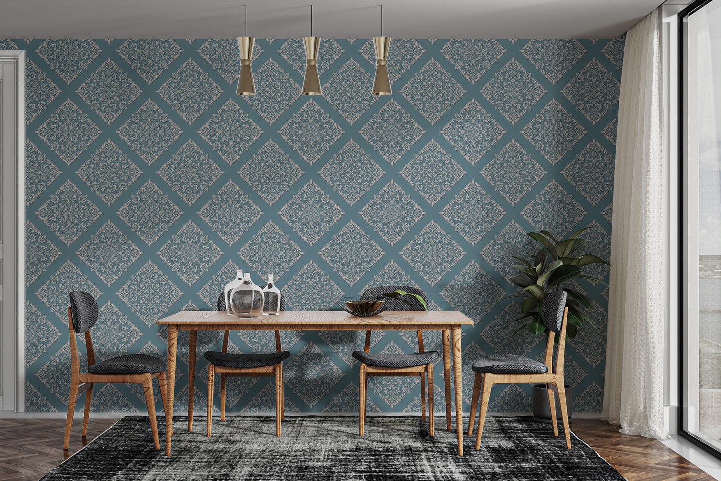 Blue damask peel and stick mural wallpaper for dining area
