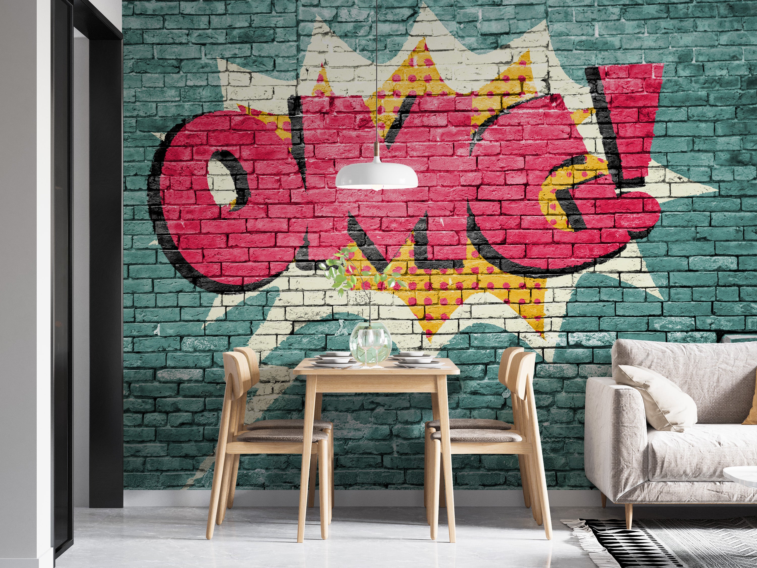 Fun and vibrant Pop Art OMG graffiti wallpaper mural for interiors.