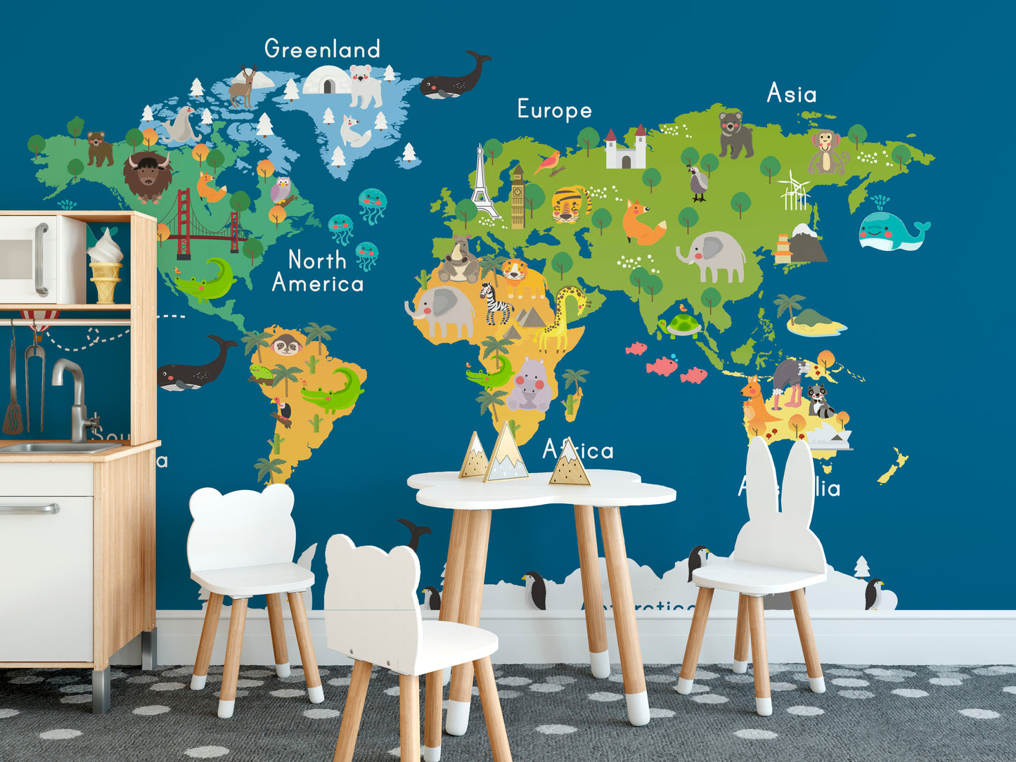 Kids World Map Blue Wallpaper Mural