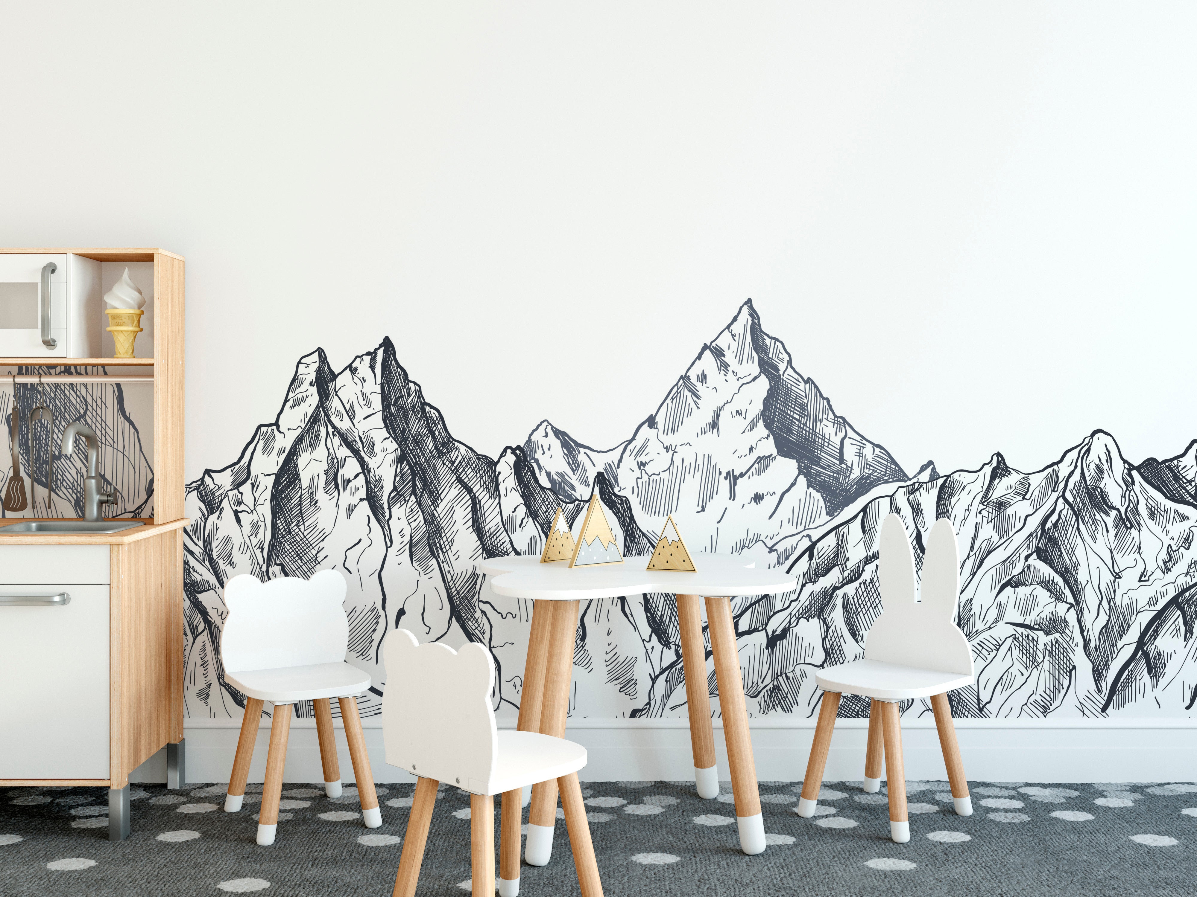 Mystic mountain wallpaper mural featuring hand-drawn designs.
