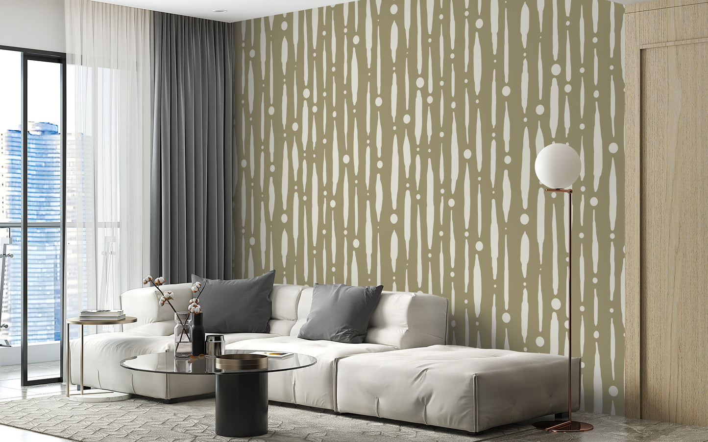 Modern sage green wallpaper with a dripping line design
