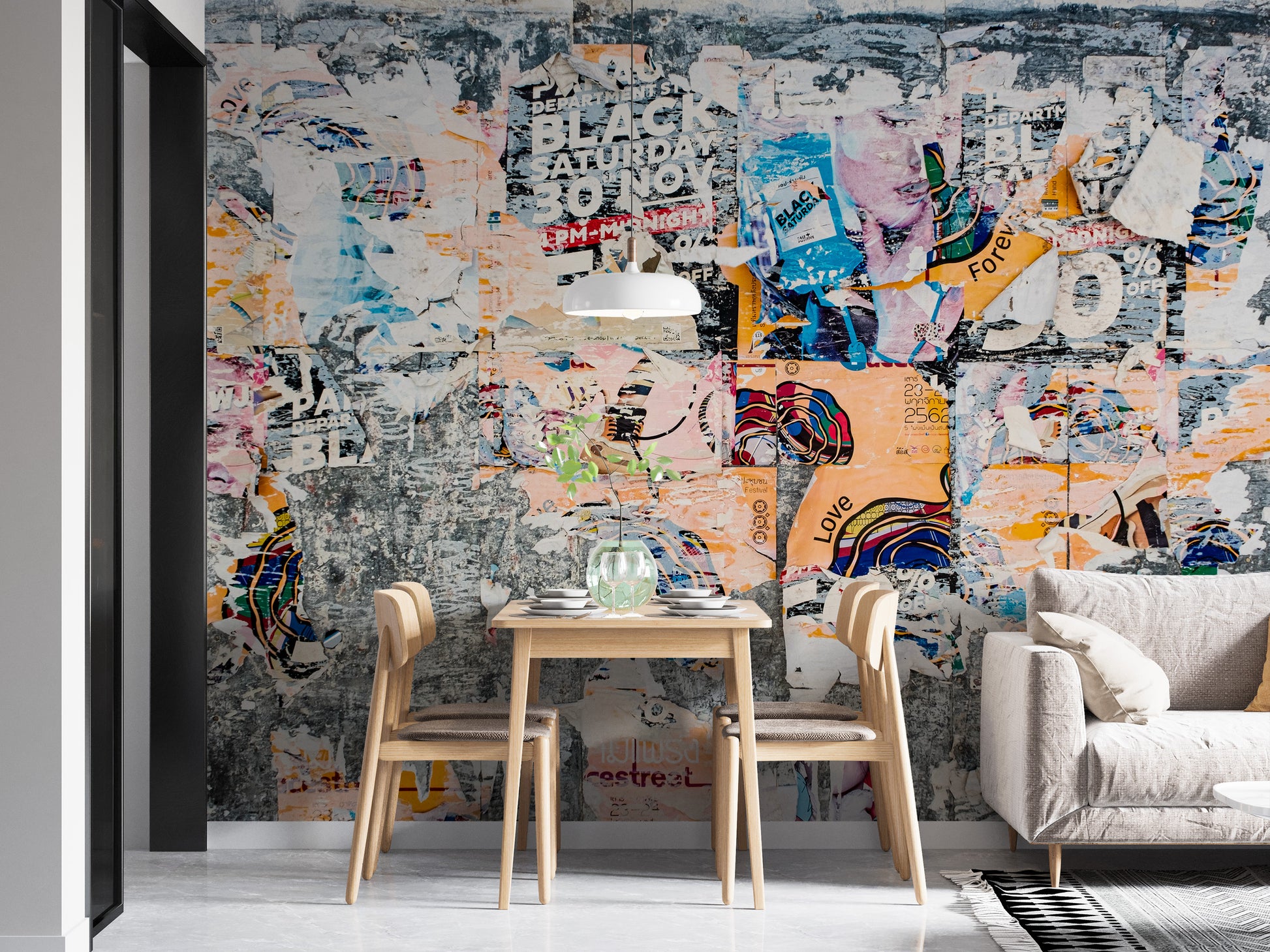 Playful patchwork graffiti mural wallpaper with urban poster elements.