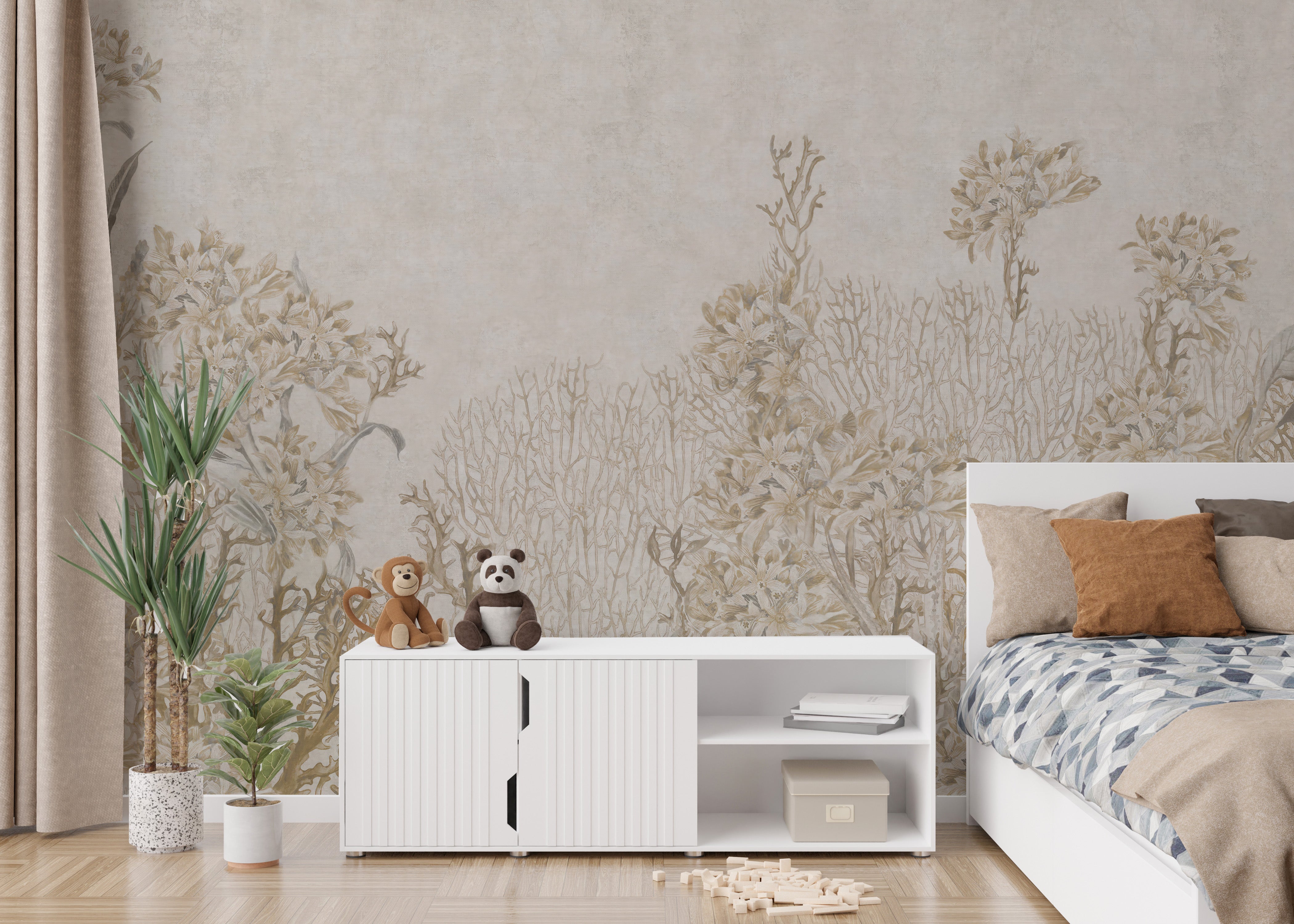 Monotone flower-themed sepia wall mural
