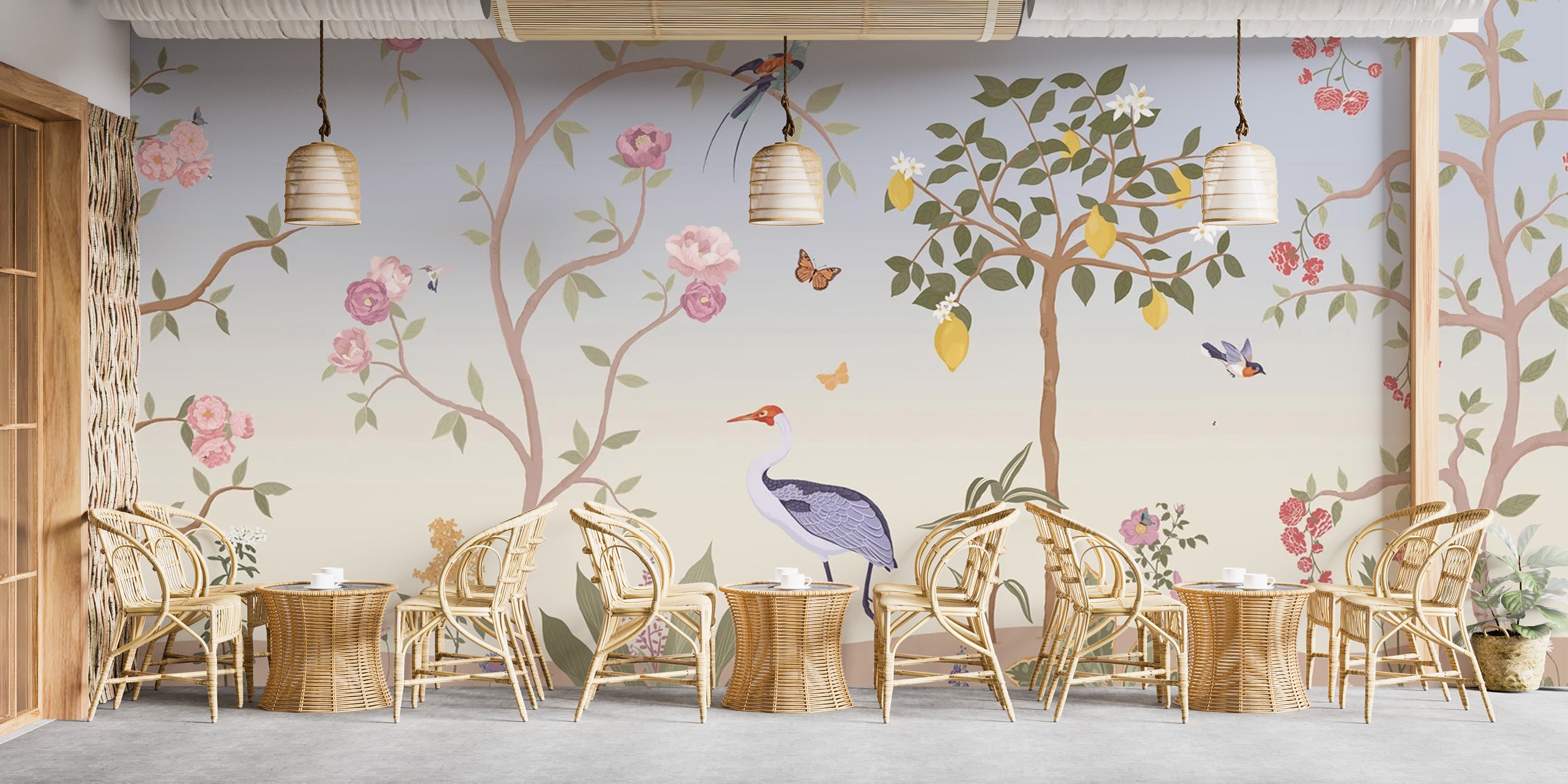 Chinoiserie wall mural with spring vibes
