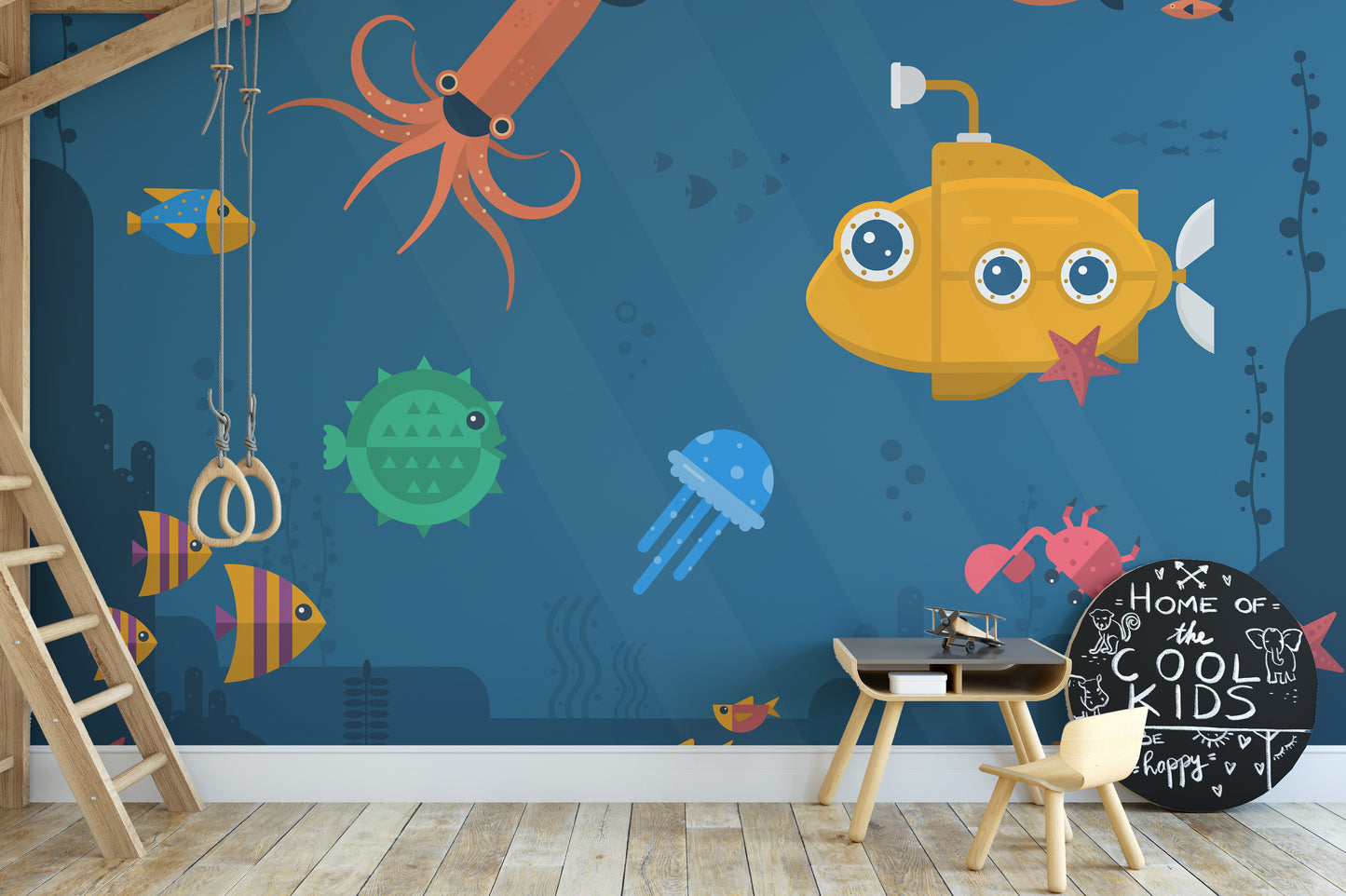 Cartoon-style underwater world mural design
