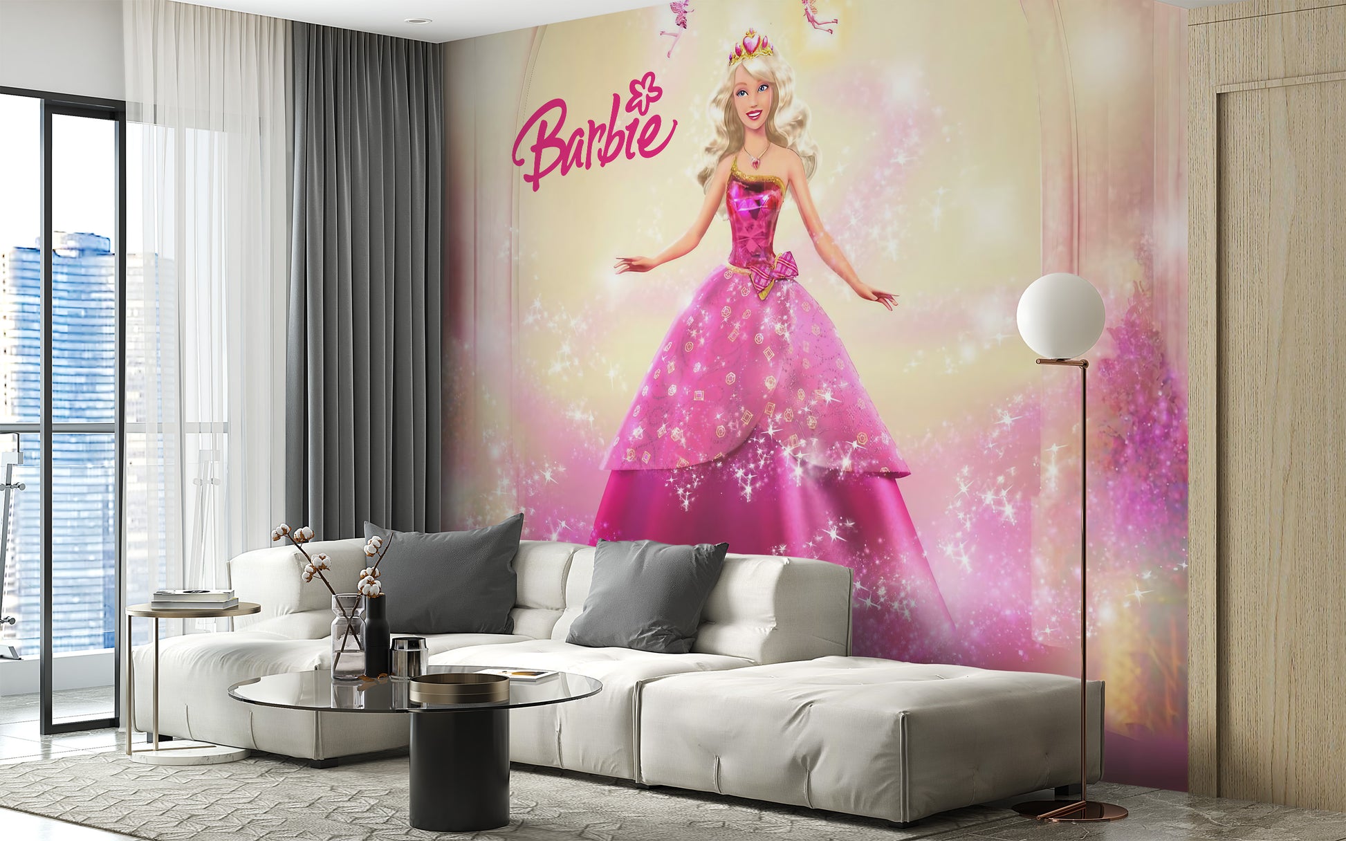 Vibrant wallpaper featuring Barbie in her classic pink dress
