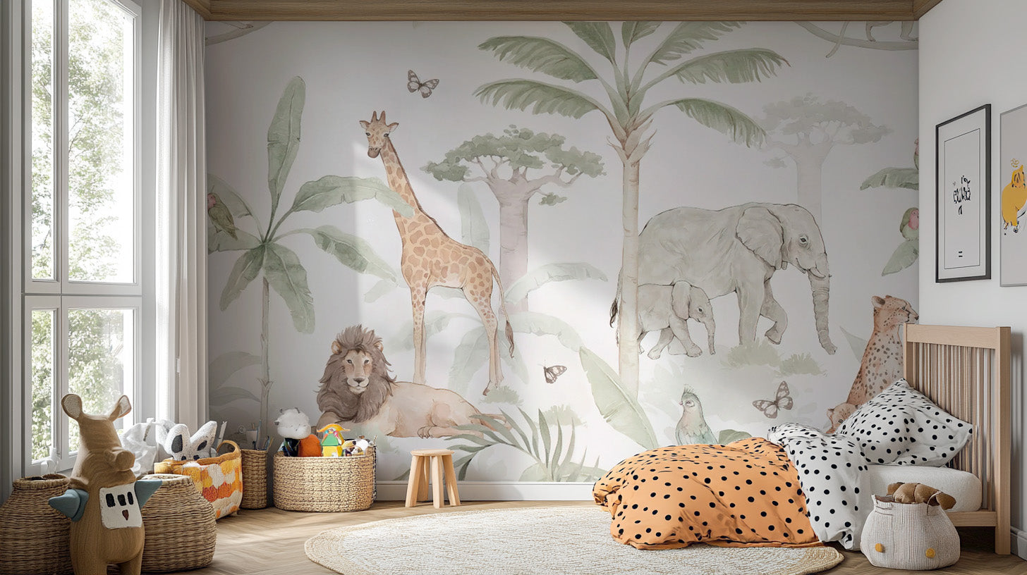 Tropical safari wallpaper with watercolor trees and animals
