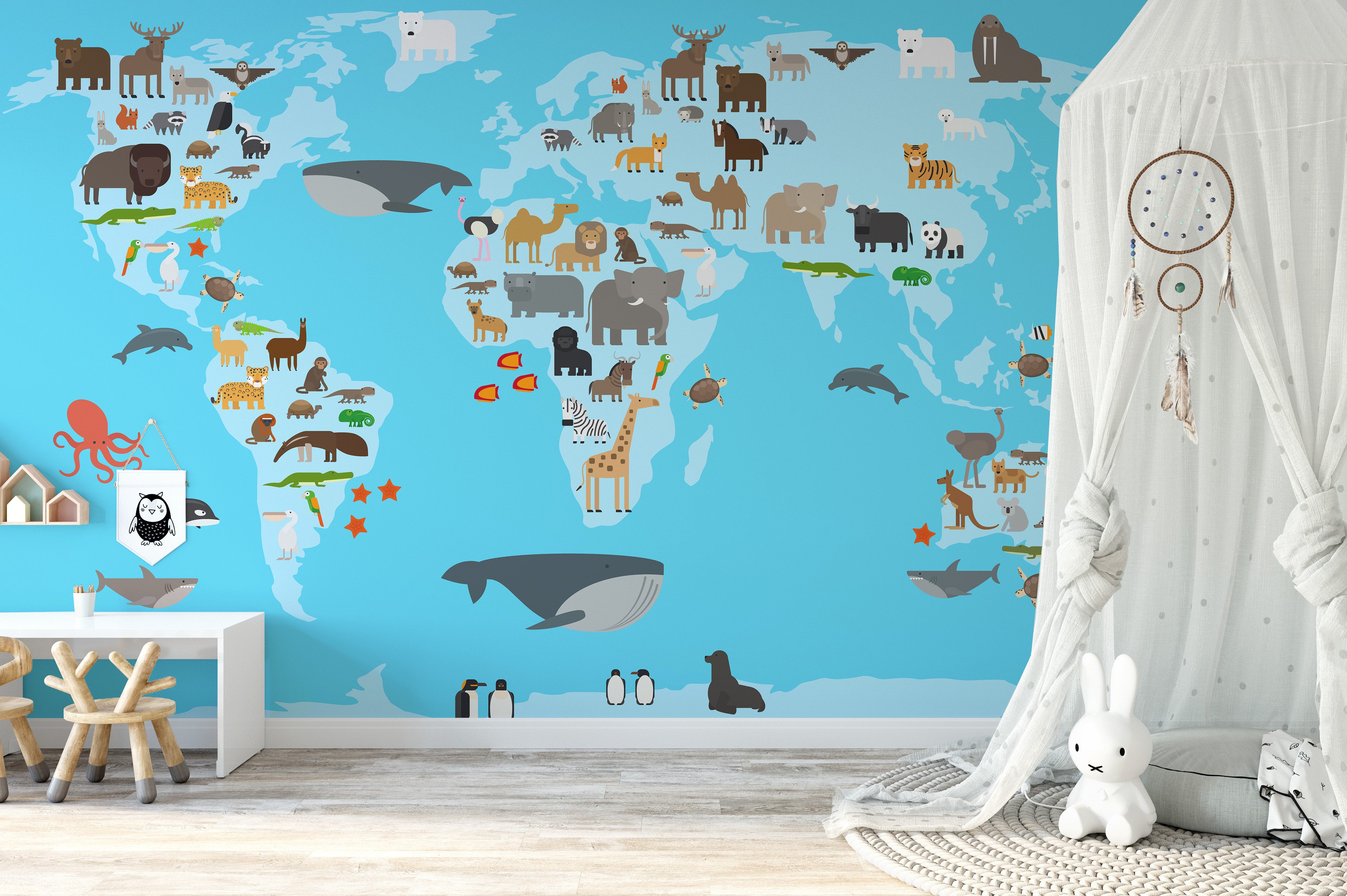 Fun animals map wallpaper mural for kids' bedroom decor.
