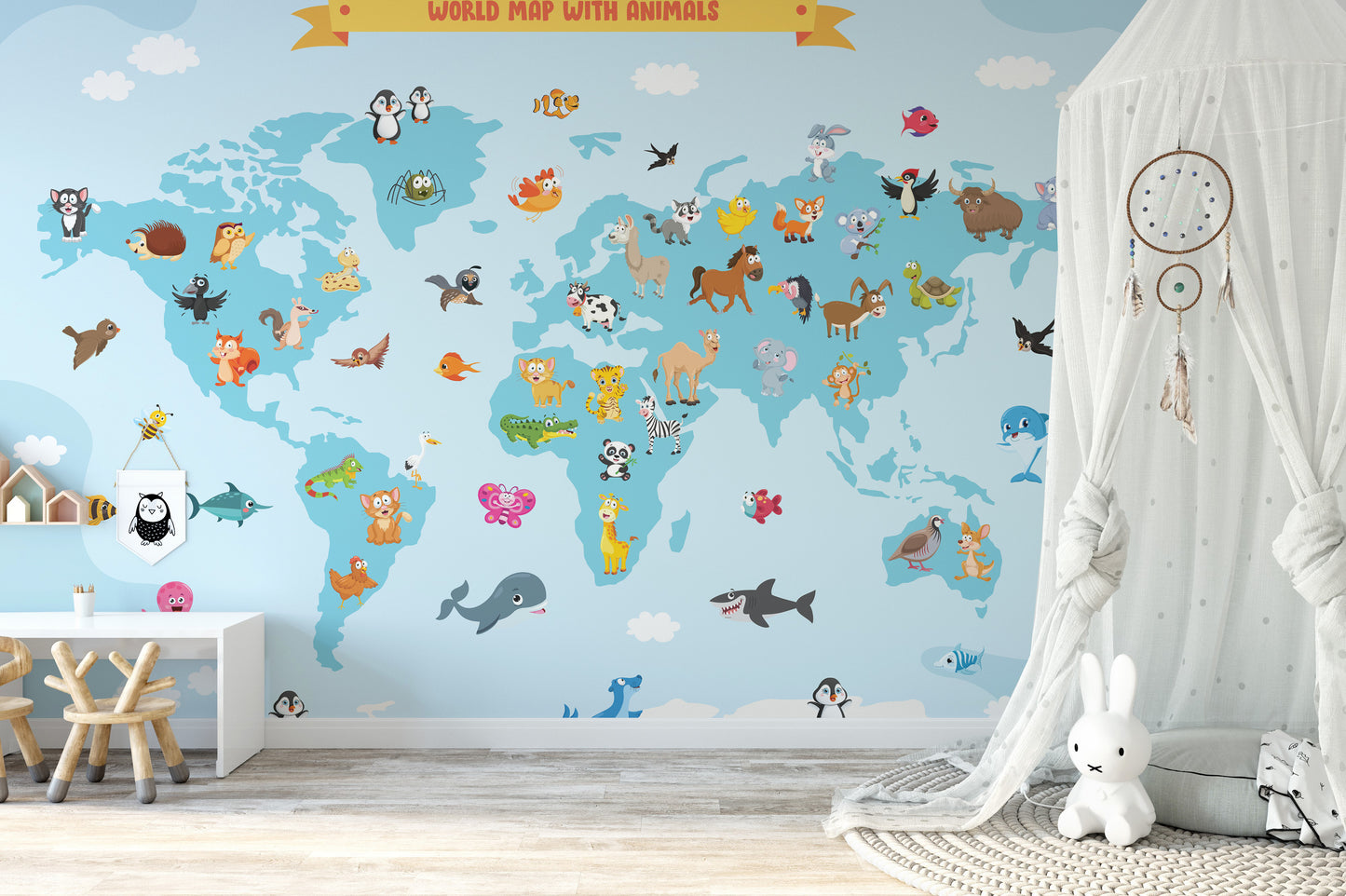 Interactive animal world map mural for kids' bedroom walls.
