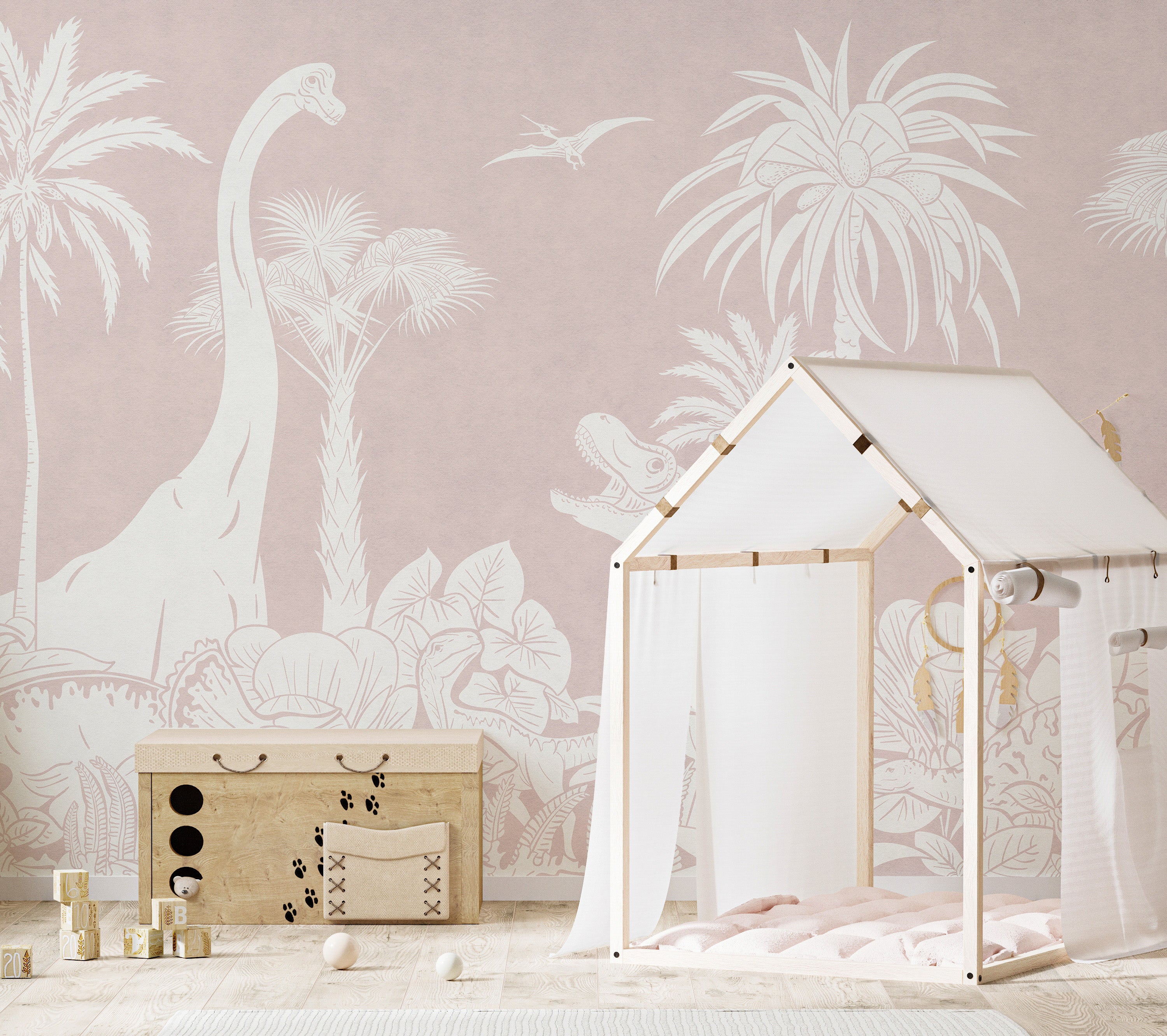 White dinosaurs and palm trees on a pink background.