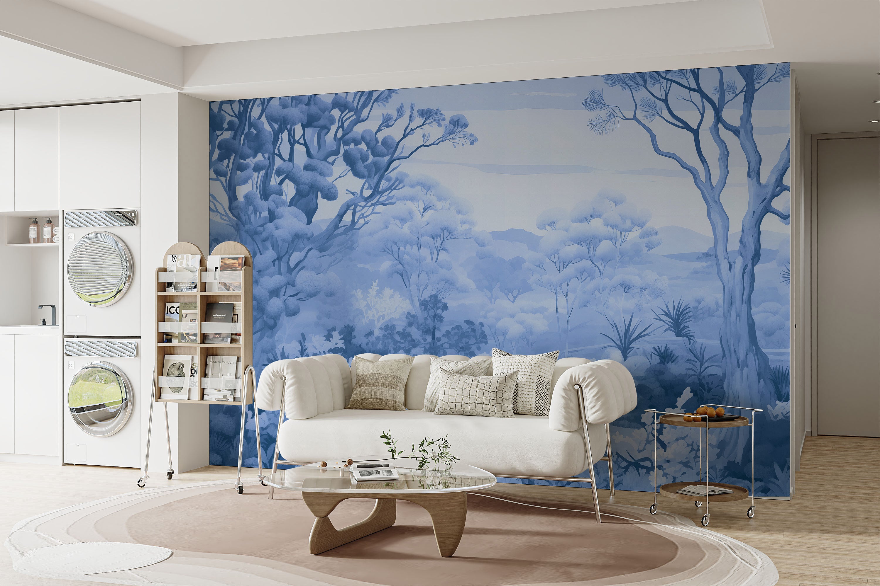 Autumn forest blue wallpaper mural perfect for a serene, autumn setting.