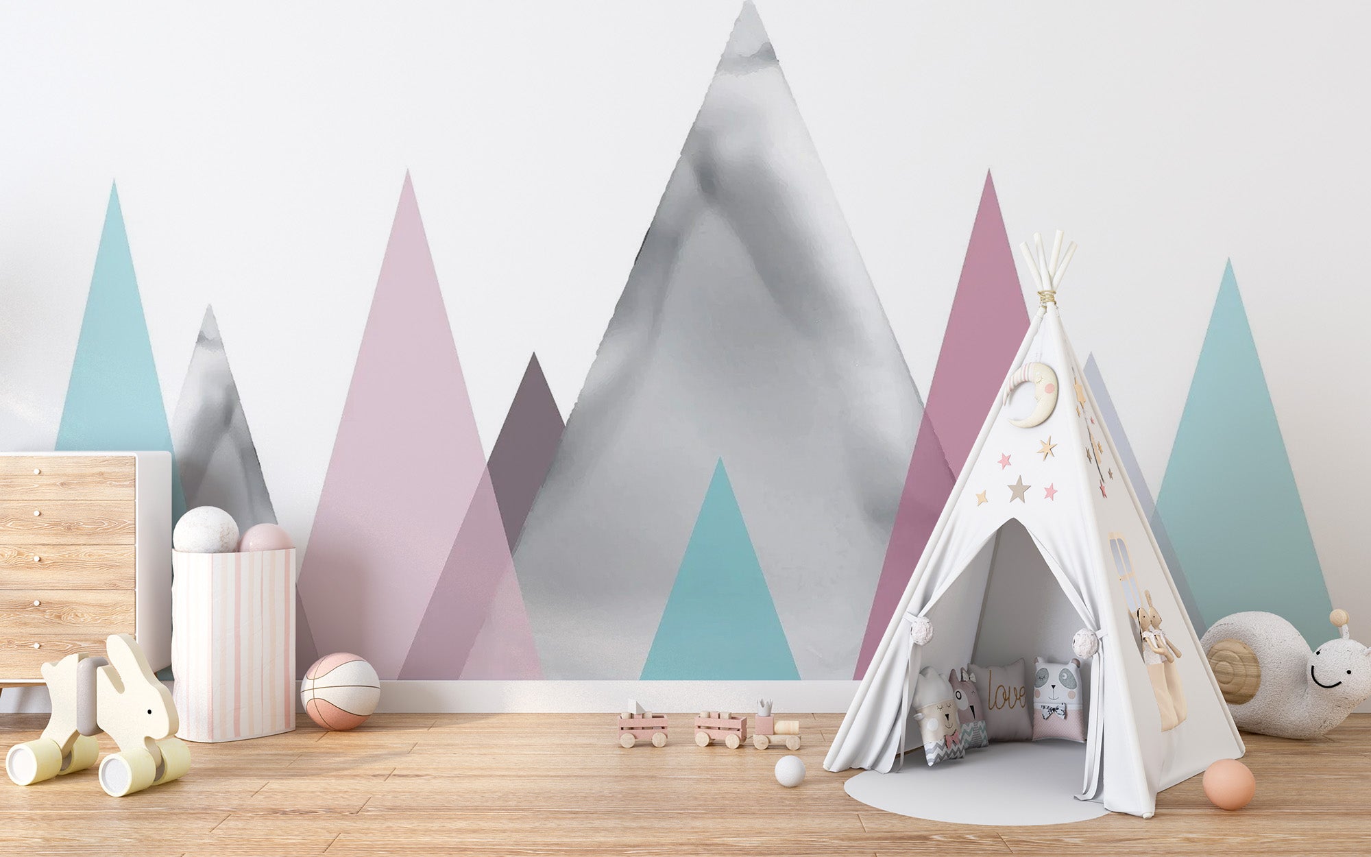 Whimsical Pastel Mountain Scene Wallpaper
