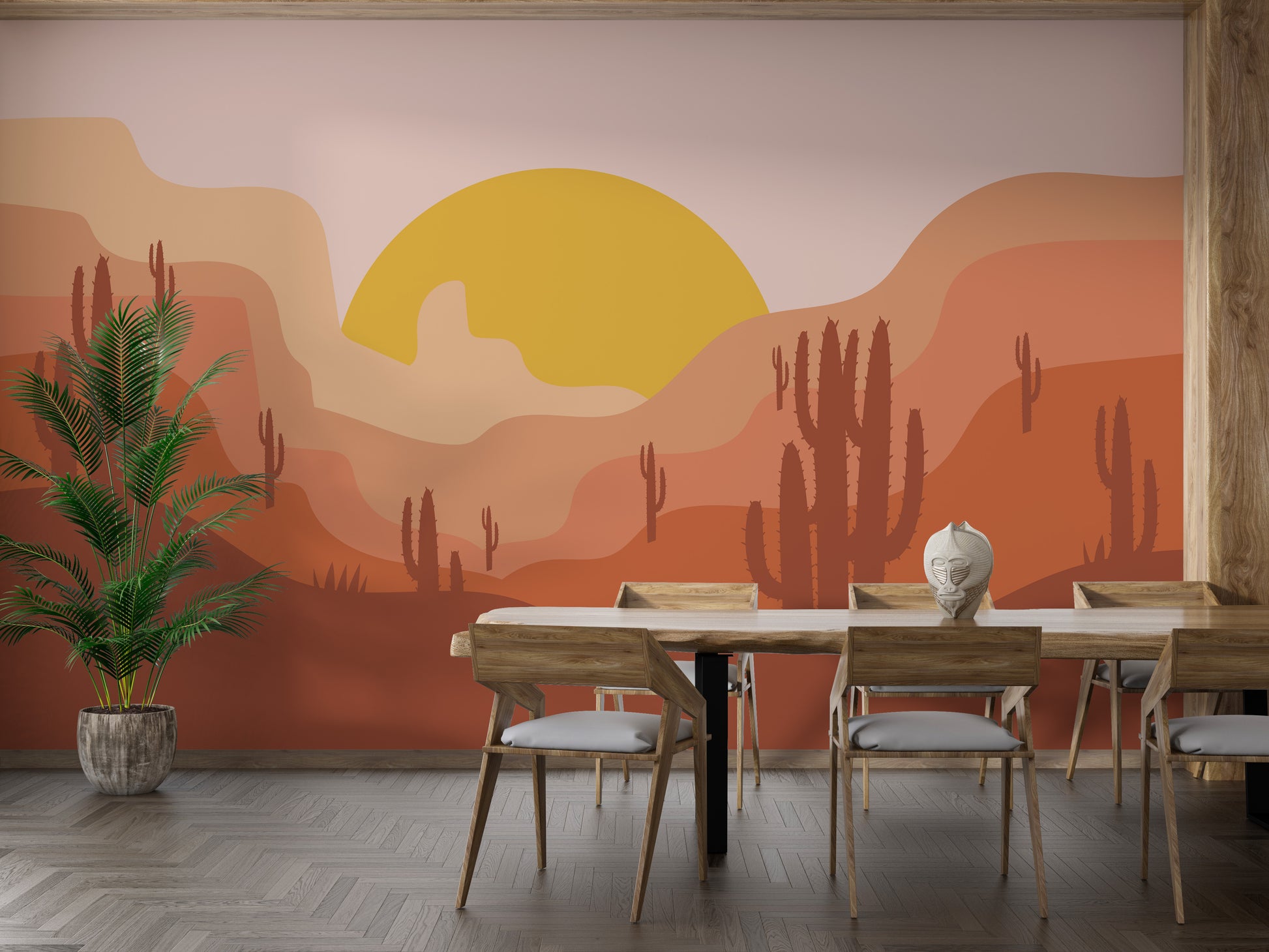 Scenic desert wallpaper adds charm to dining walls