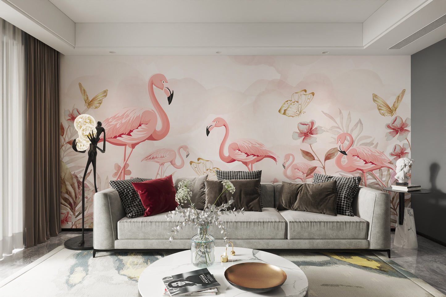 Charming flamingo serenade mural for nature-inspired interiors.
