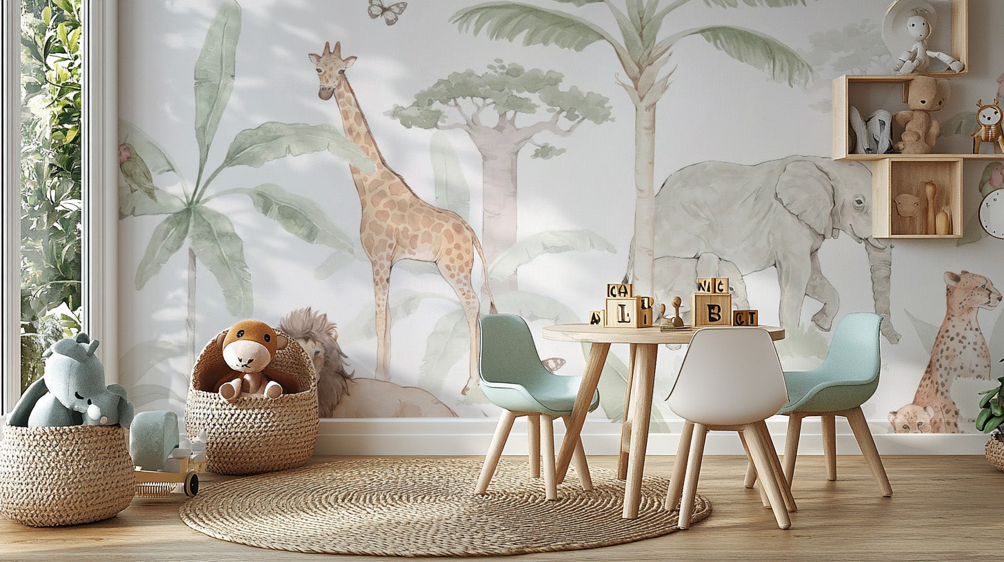 Nature-inspired kids’ wallpaper with jungle and wildlife elements
