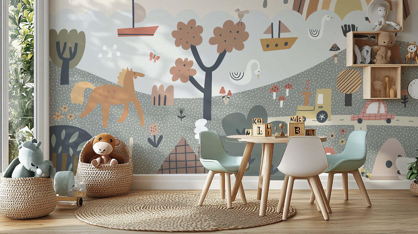 Cute animal and tree Scandinavian wallpaper
