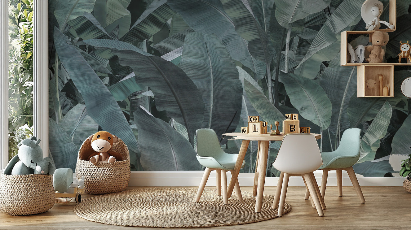 Green banana leaf wall mural for a nature-themed space
