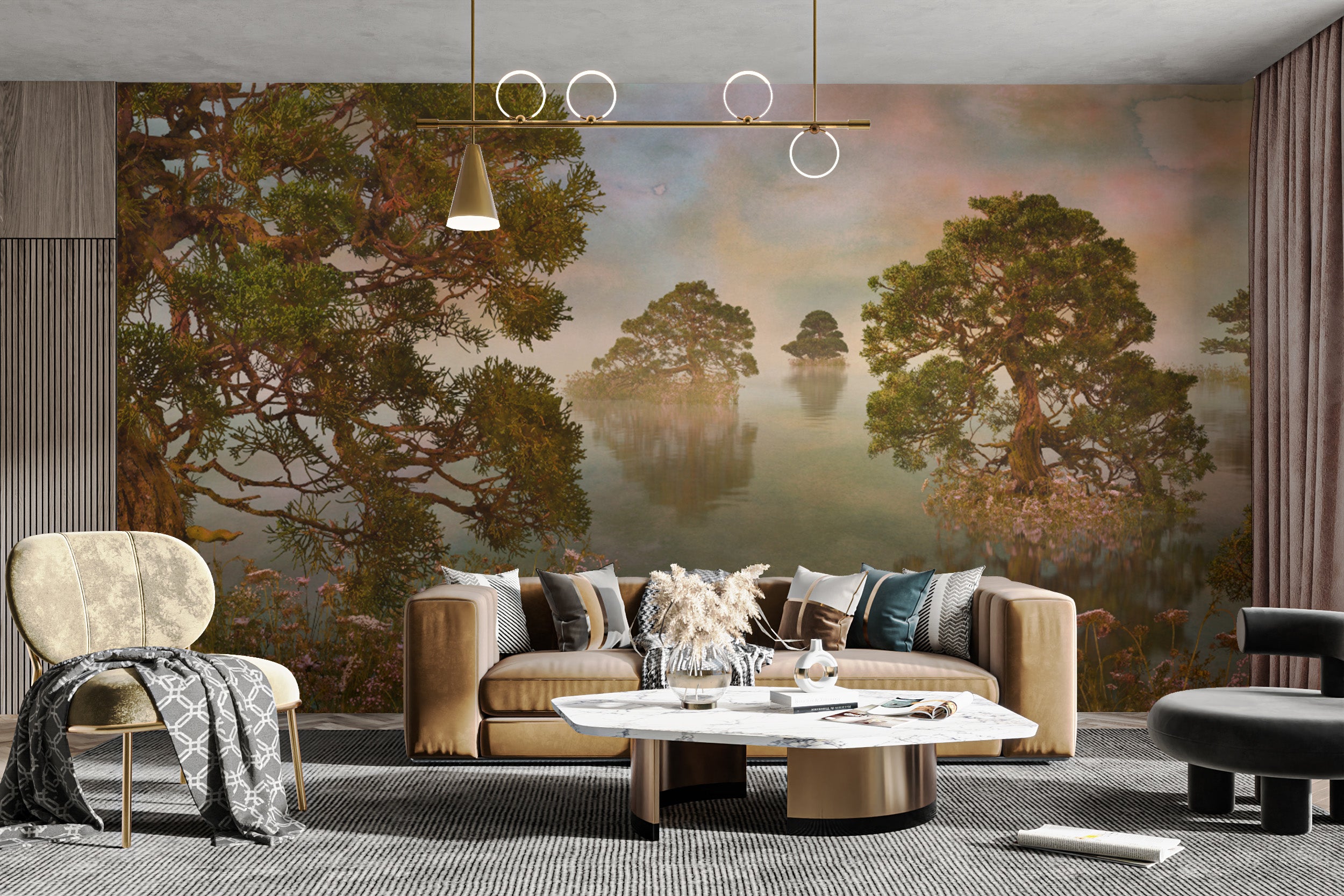 Watercolor lake sunset forest wallpaper mural for a peaceful retreat.